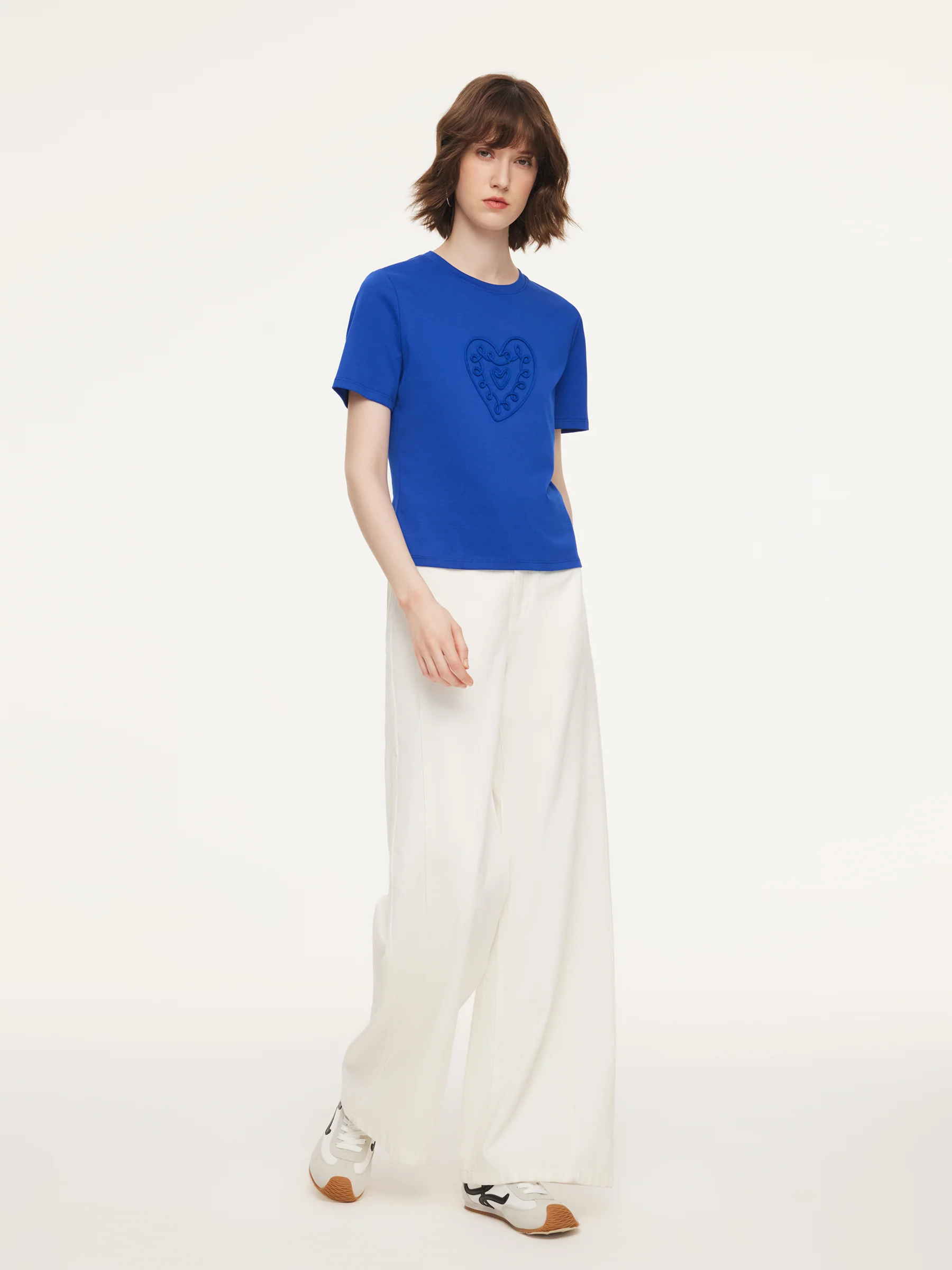 Cotton Blend Round Neck Tape Embroidered Women T-Shirt - Image 29
