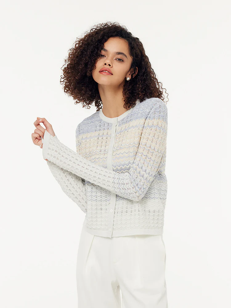 Cotton Blue And White Gradient Stripe Women Cardigan - Image 6