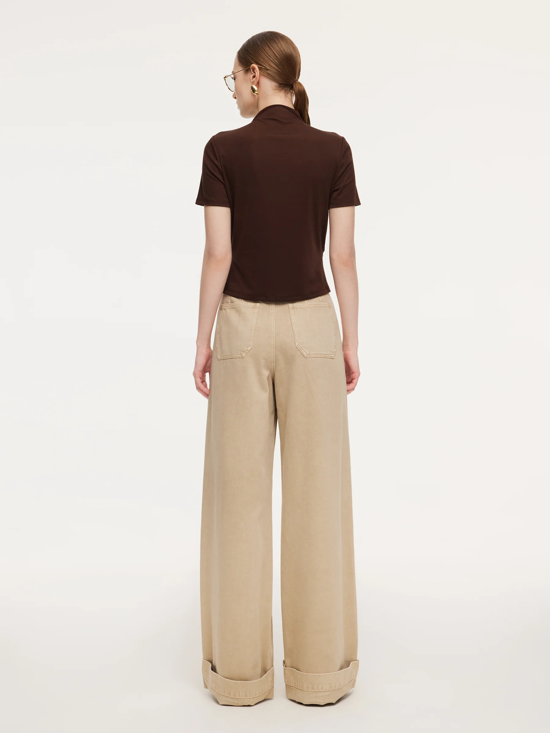 Cotton Denim Straight Wide Leg Women Folded Jeans With Belt - Image 5