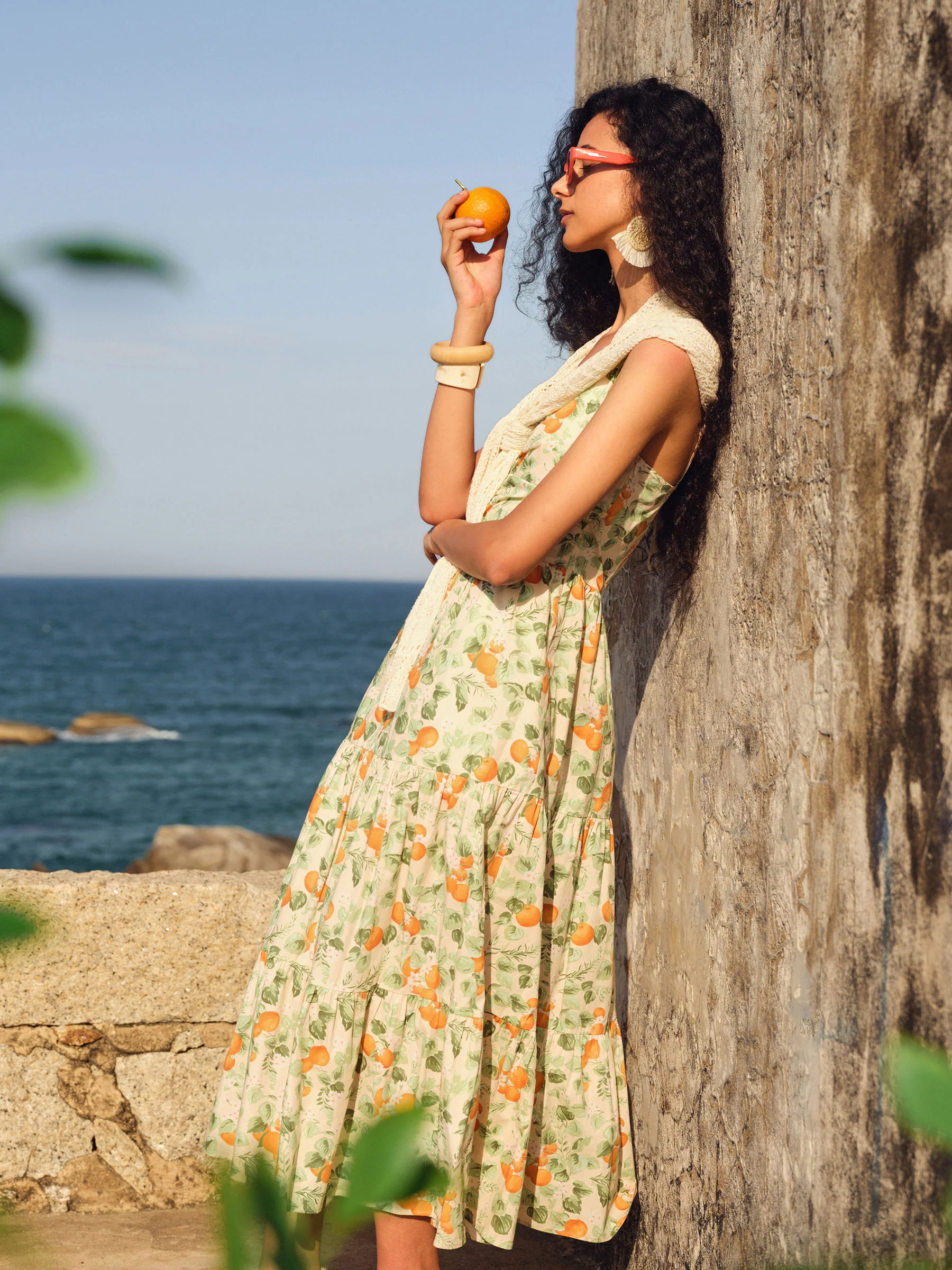 Cotton Floral Print Strap Maxi Dress And Openwork Cardigan Two-Piece Set - Image 5