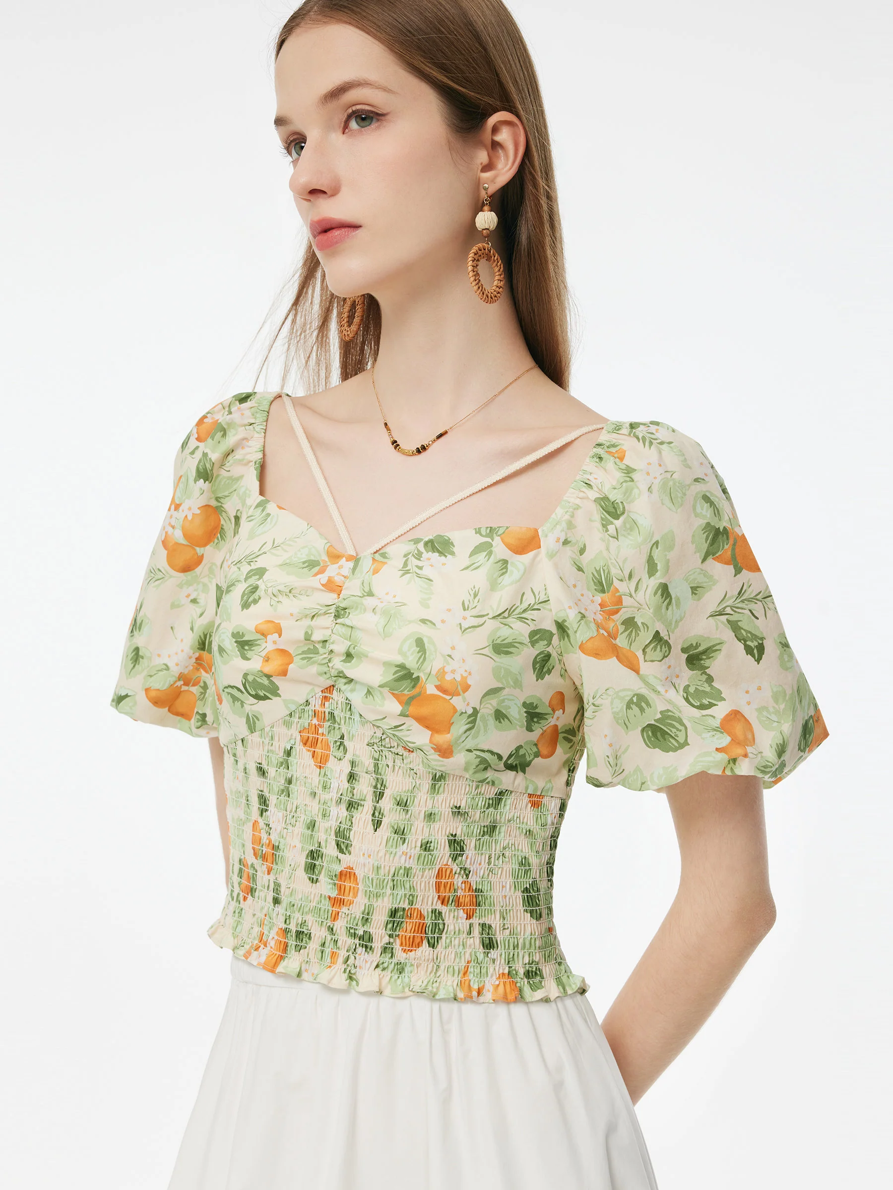 Cotton Floral Print Women Smocked Top - Image 9