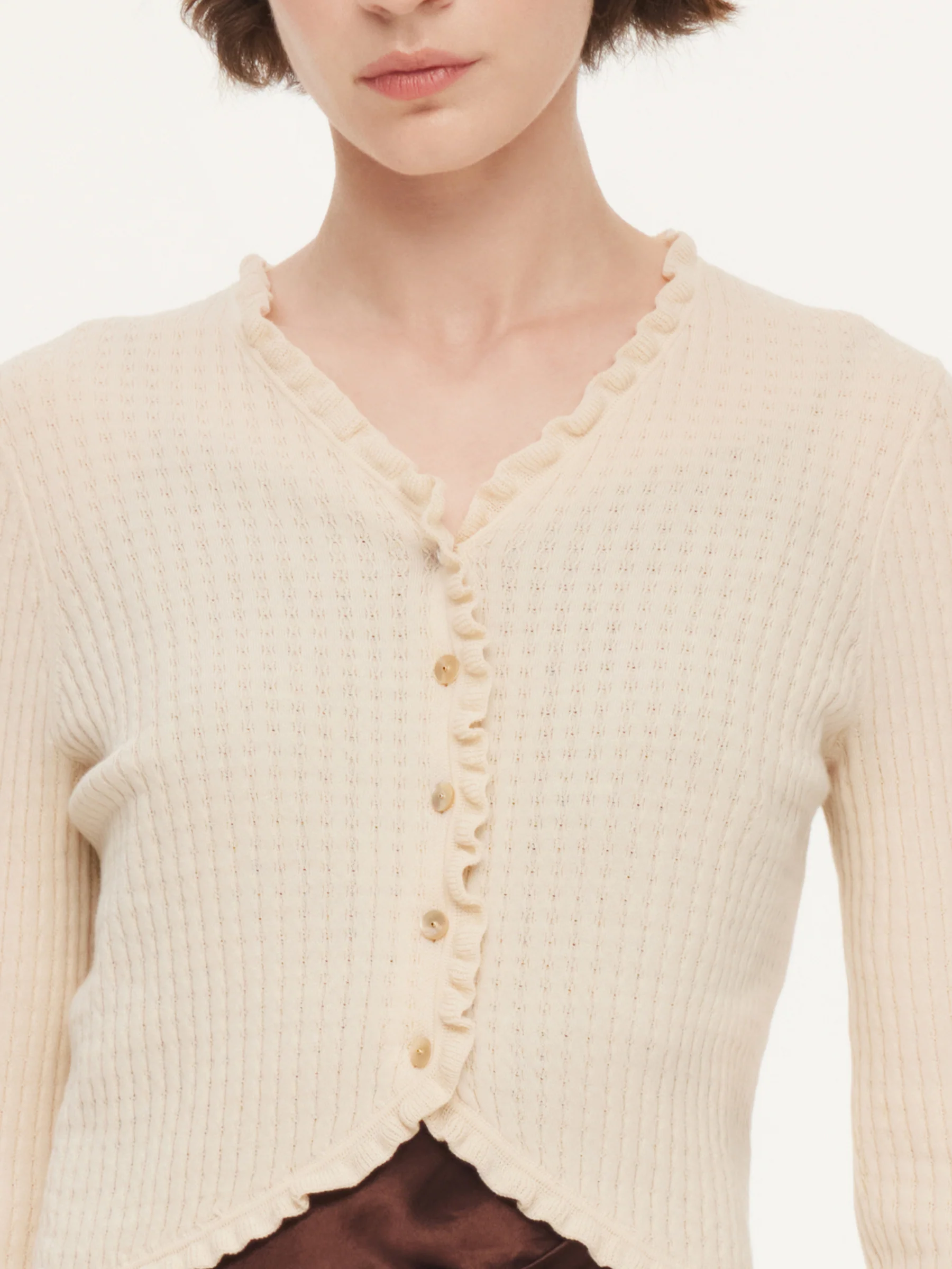 Cotton Mulberry Silk Blend Ruffle Trim Women Cardigan - Image 6