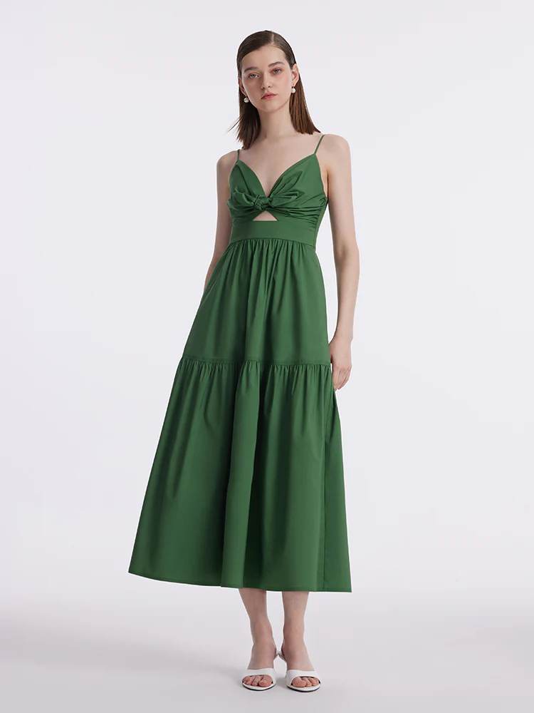 Cotton Spaghetti Strap Bowknot Tied Maxi Dress - Image 3