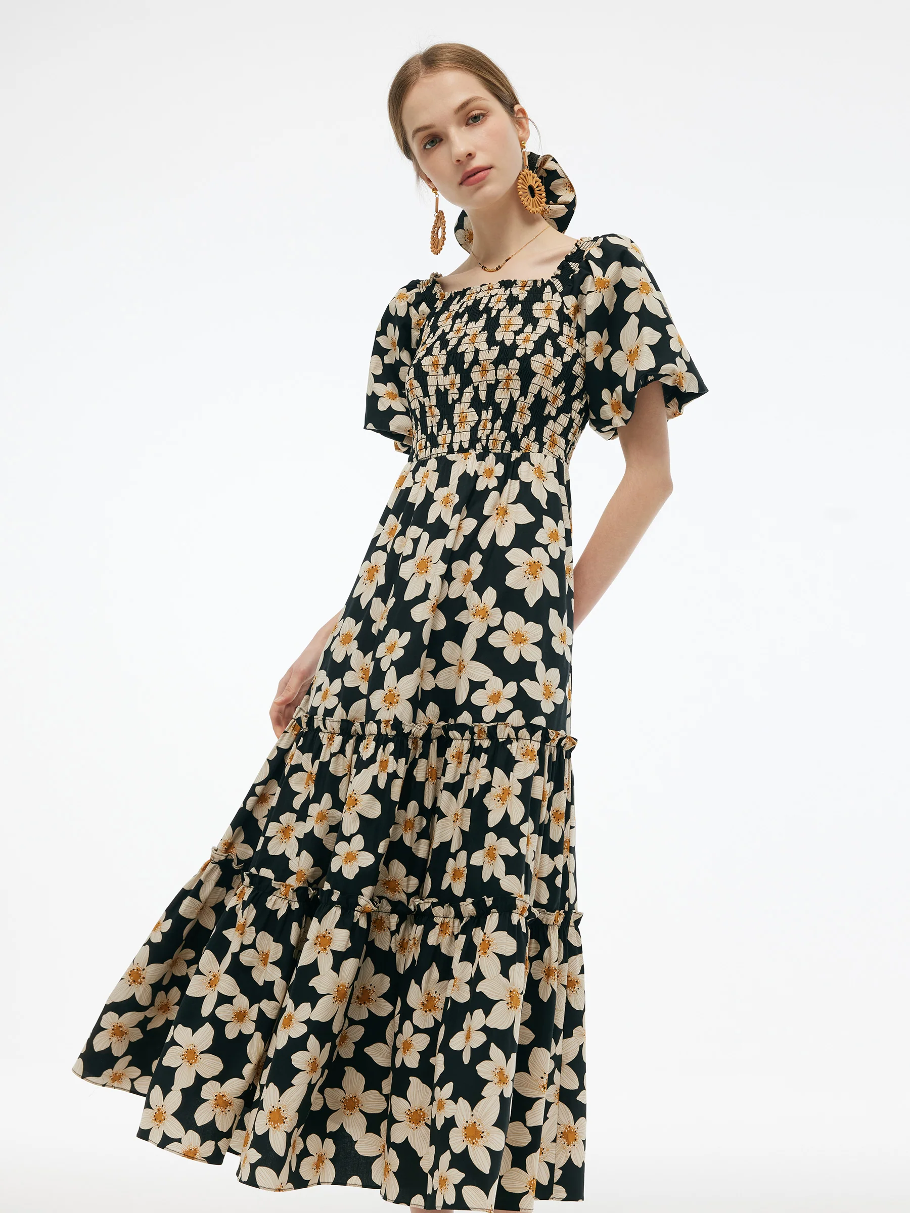 Cotton Stretch Floral Print Women Smocked Maxi Dress - Image 5