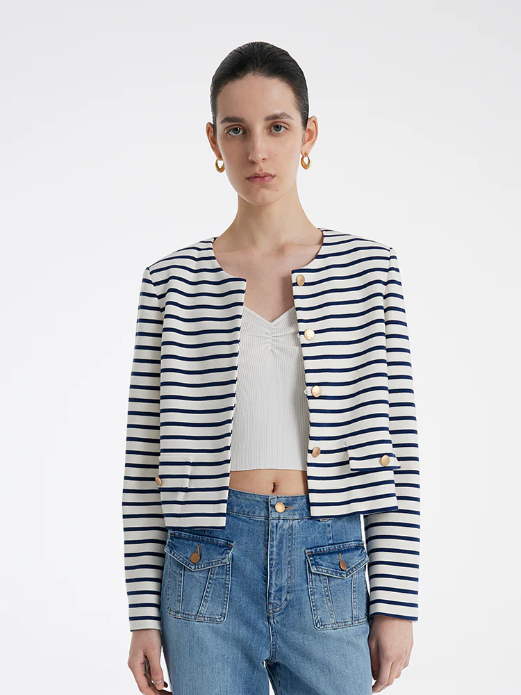 Cotton Striped Single-Breasted Women Crop Jacket - Image 6