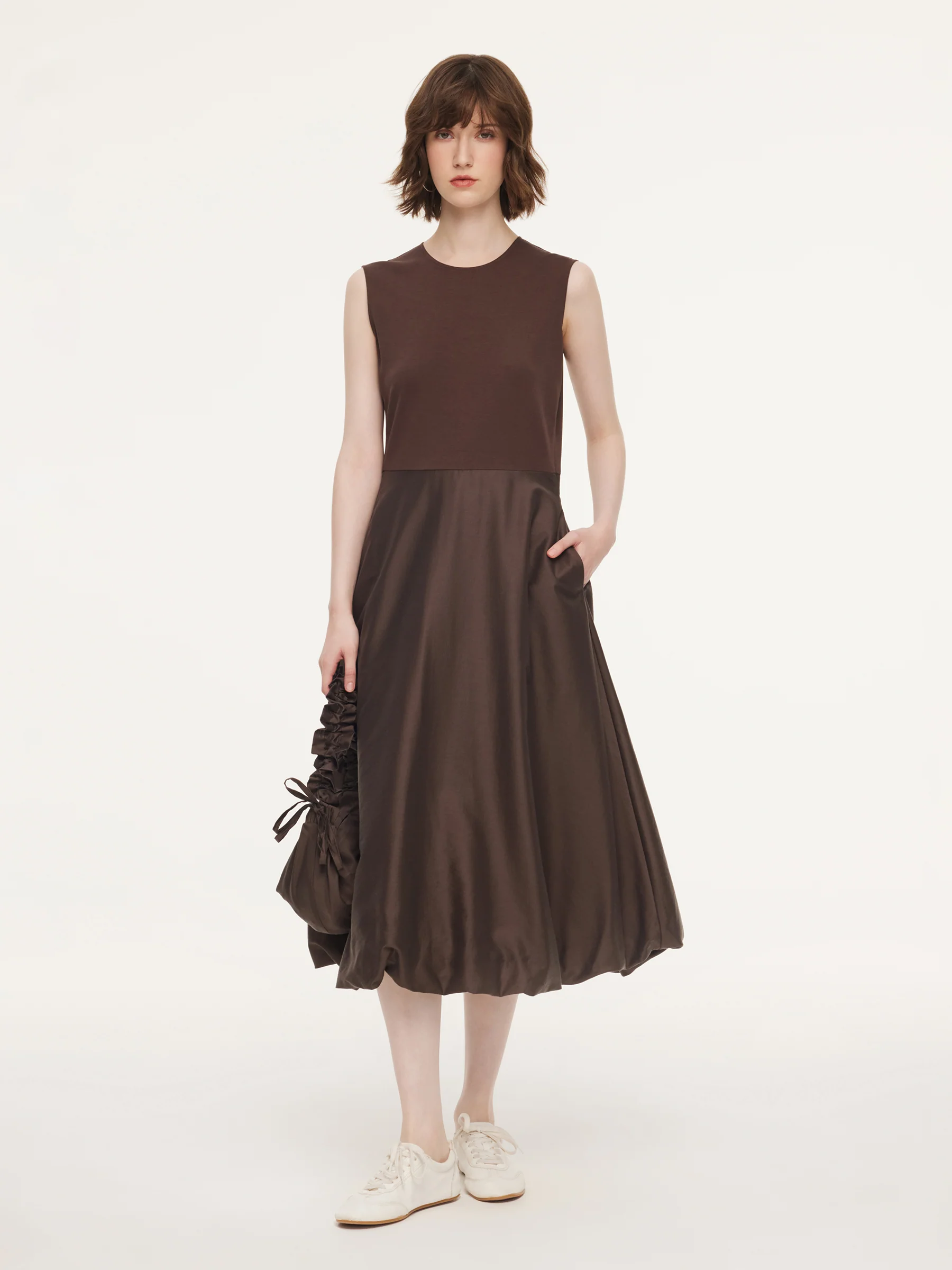 Dark Brown Patchwork Bubble Hem Women Sleeveless Maxi Dress With Bag