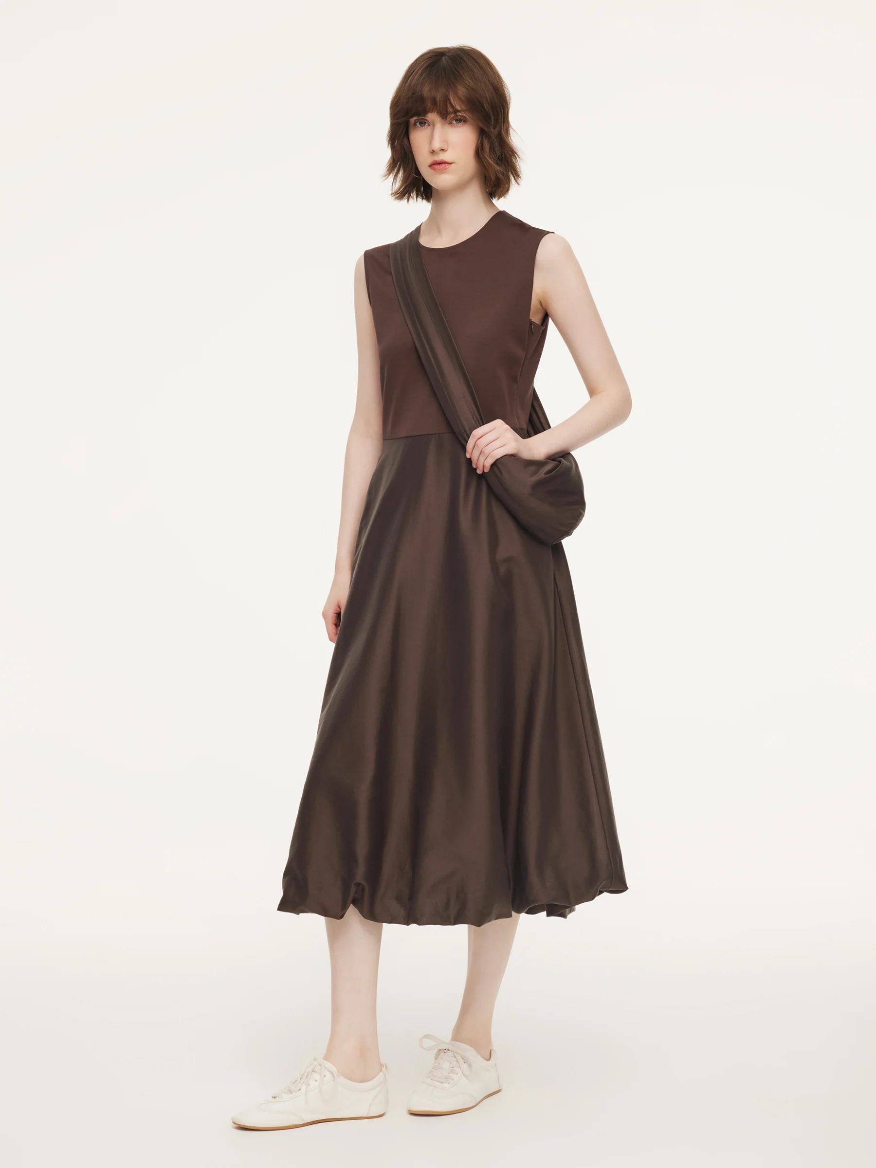 Dark Brown Patchwork Bubble Hem Women Sleeveless Maxi Dress With Bag - Image 2