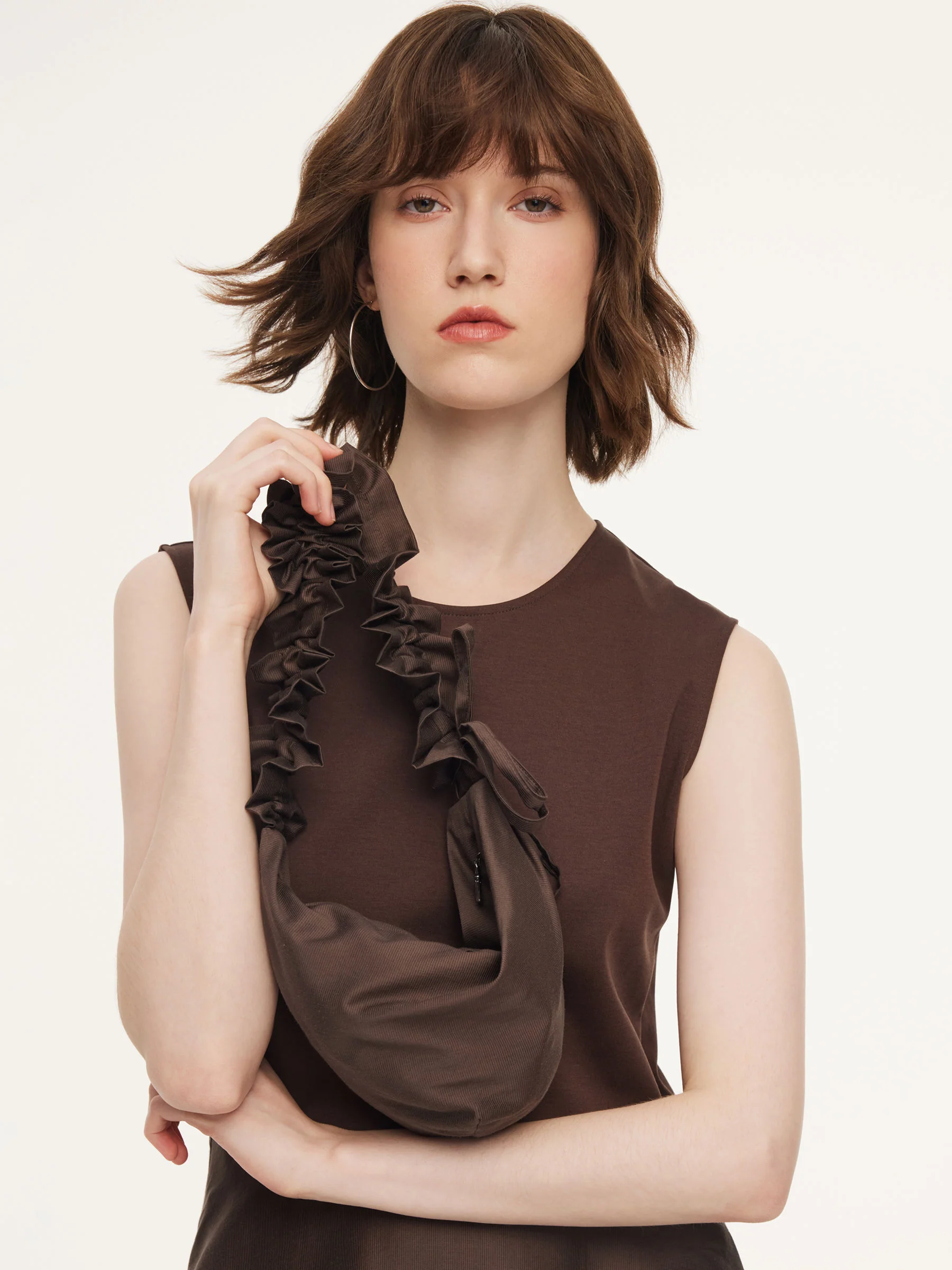 Dark Brown Patchwork Bubble Hem Women Sleeveless Maxi Dress With Bag - Image 5