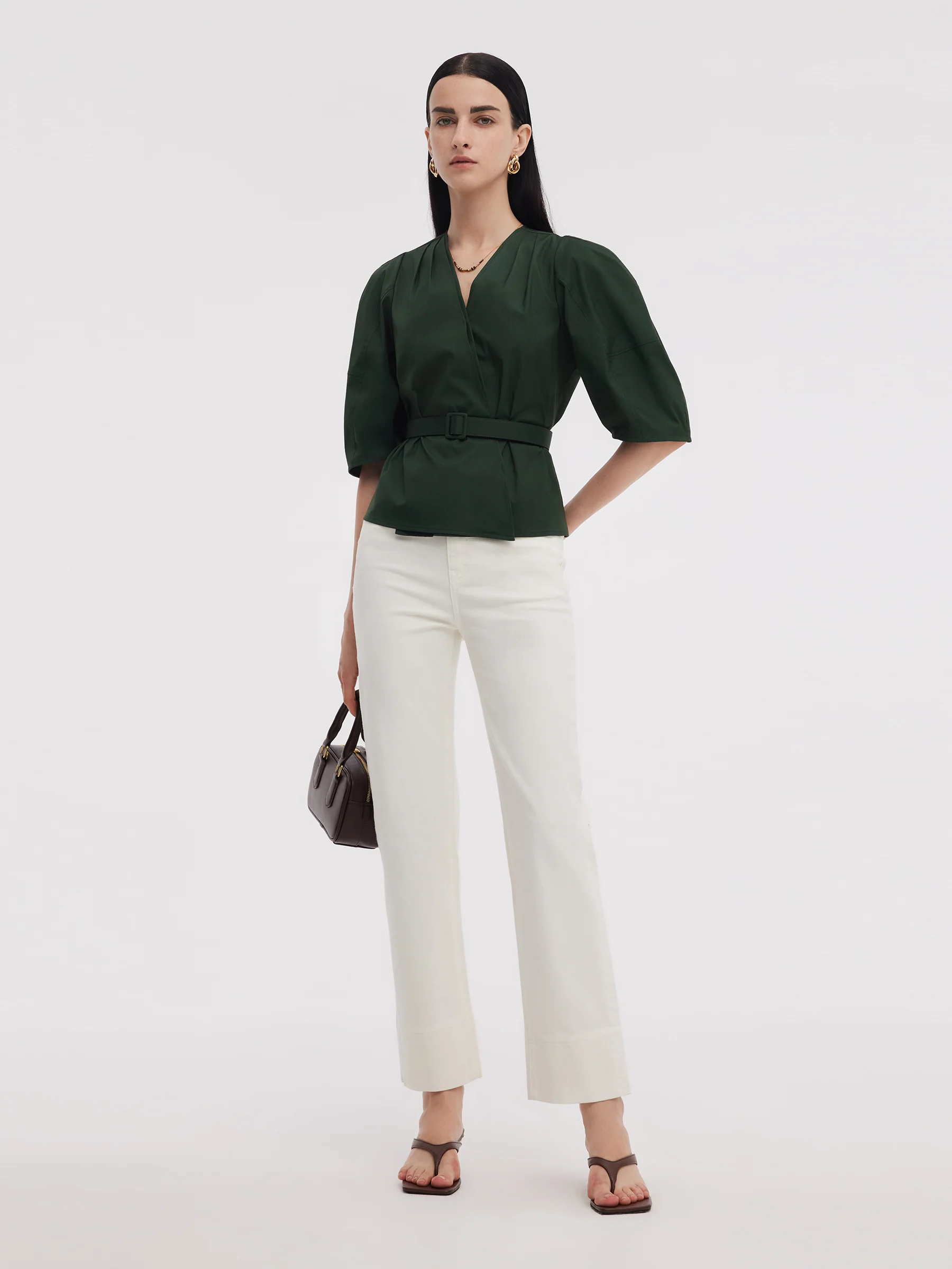 Dark Green V-Neck Women Blouse With Belt - Image 2