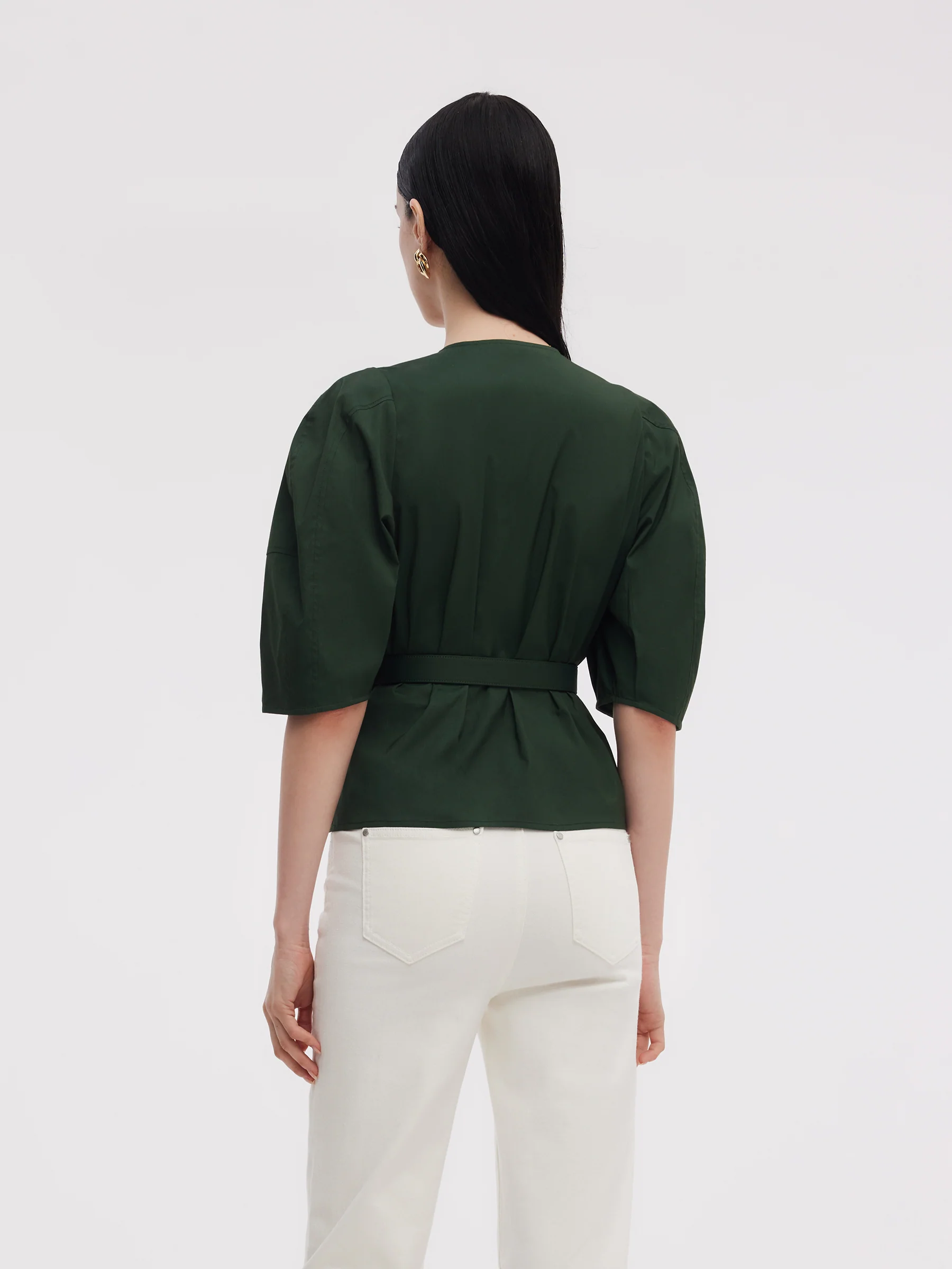 Dark Green V-Neck Women Blouse With Belt - Image 3