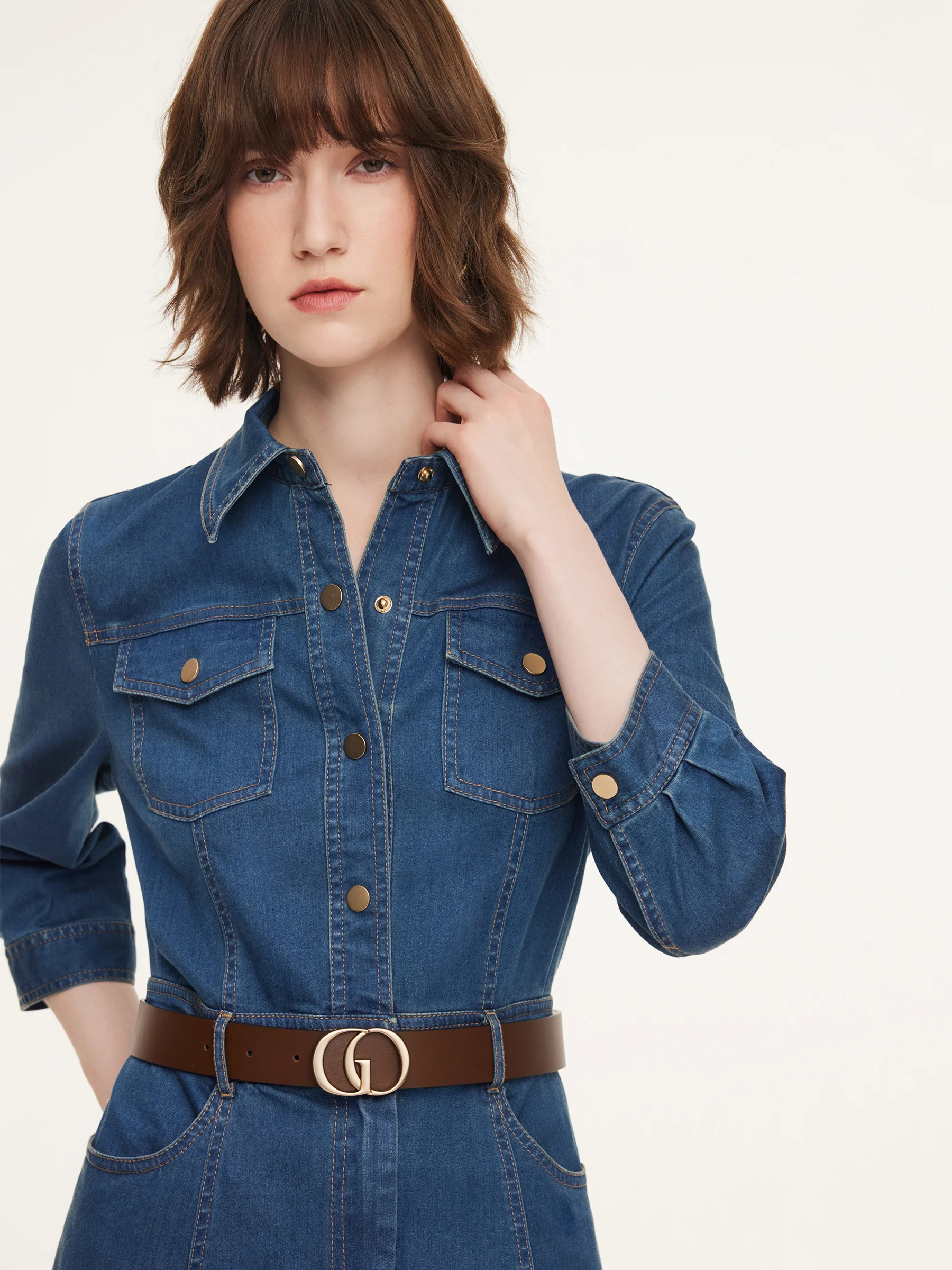 Denim Gathered Waist Women Maxi Dress With Belt - Image 5