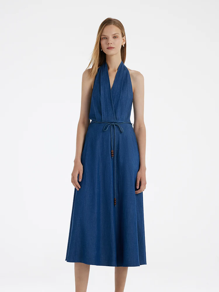Denim Halter Women Midi Dress With Rope Belt - Image 3