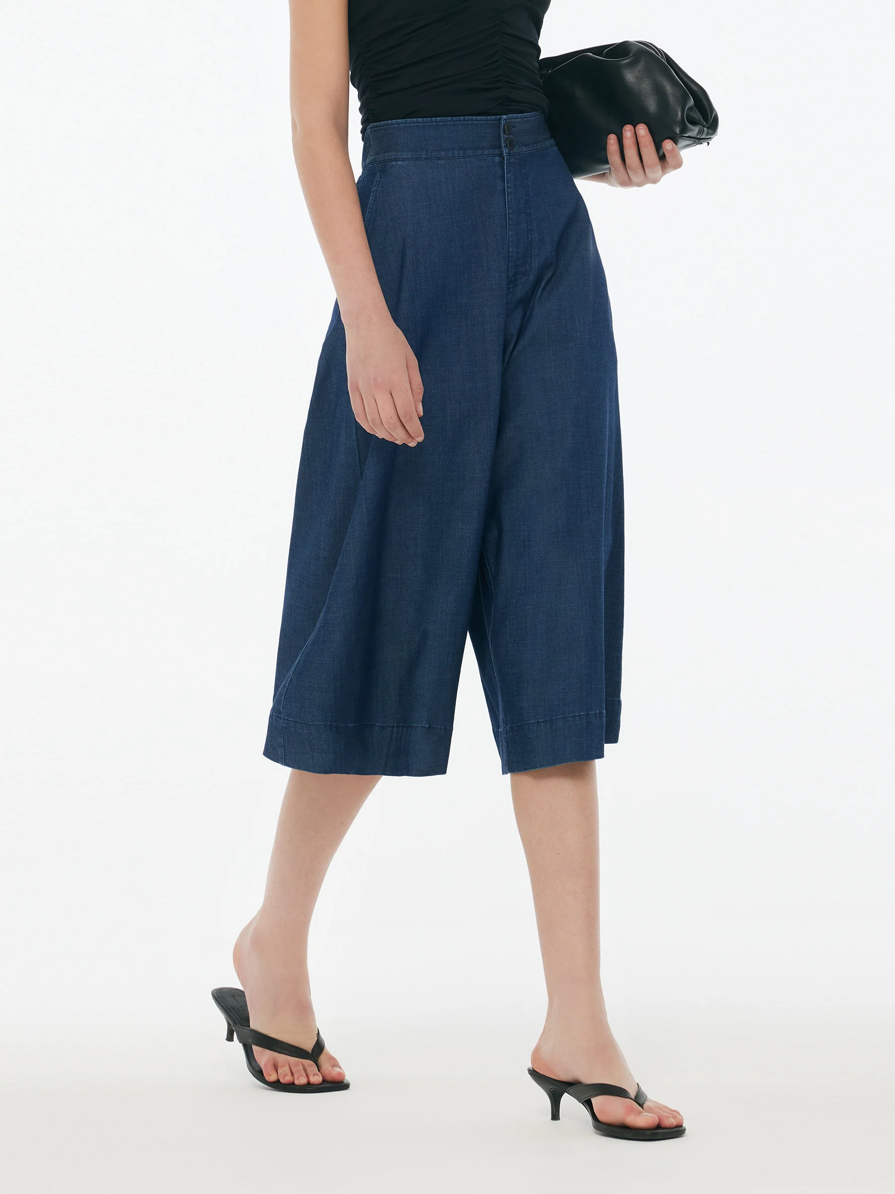 Denim High Waisted Women Wide Leg Cropped Culottes - Image 5