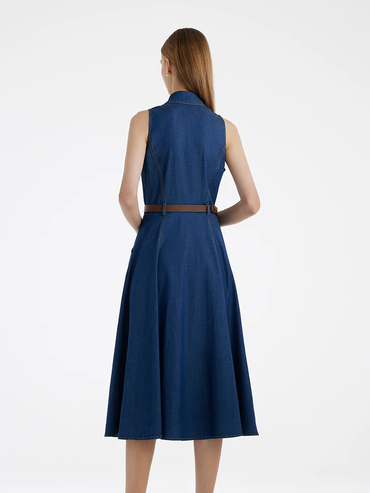 Denim Lapel Women Midi Vest Dress With Belt - Image 5