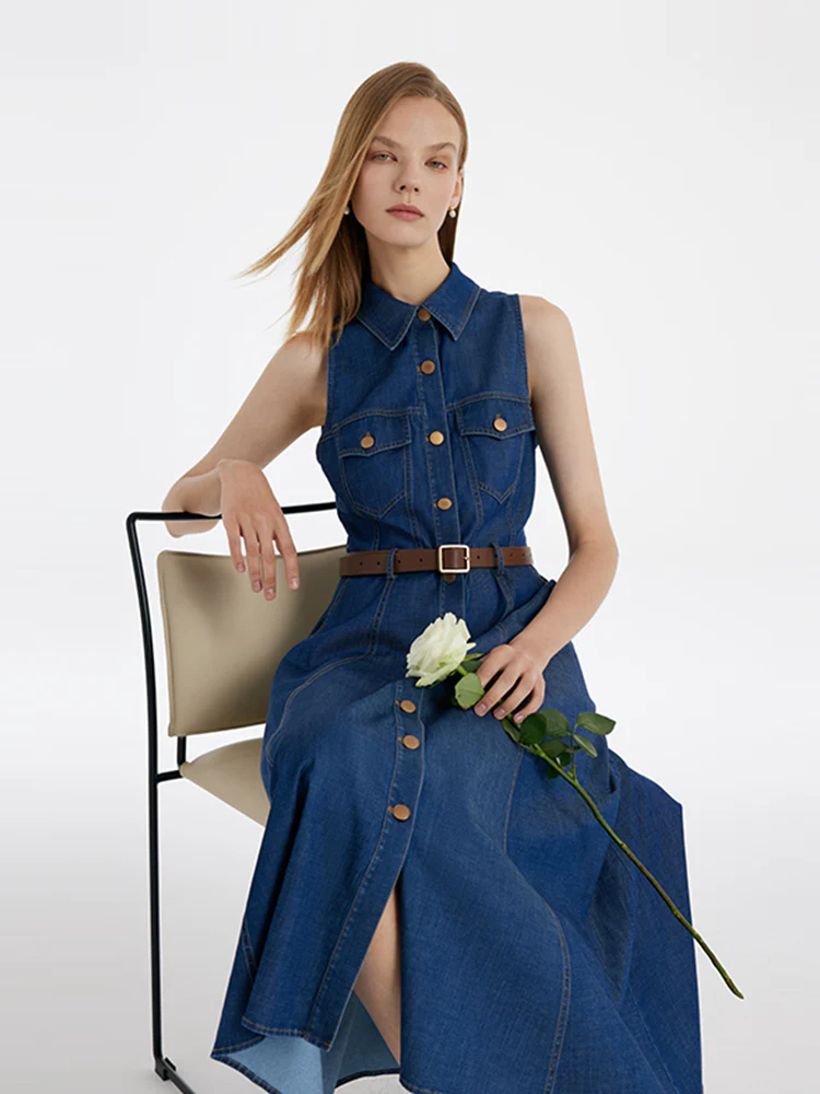 Denim Lapel Women Midi Vest Dress With Belt - Image 6