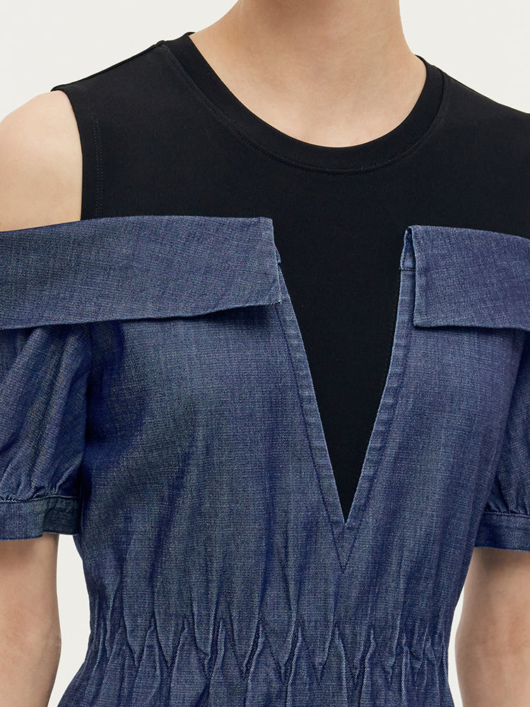 Denim Lyocell Cold Shoulder Patchwork Women Midi Dress - Image 6