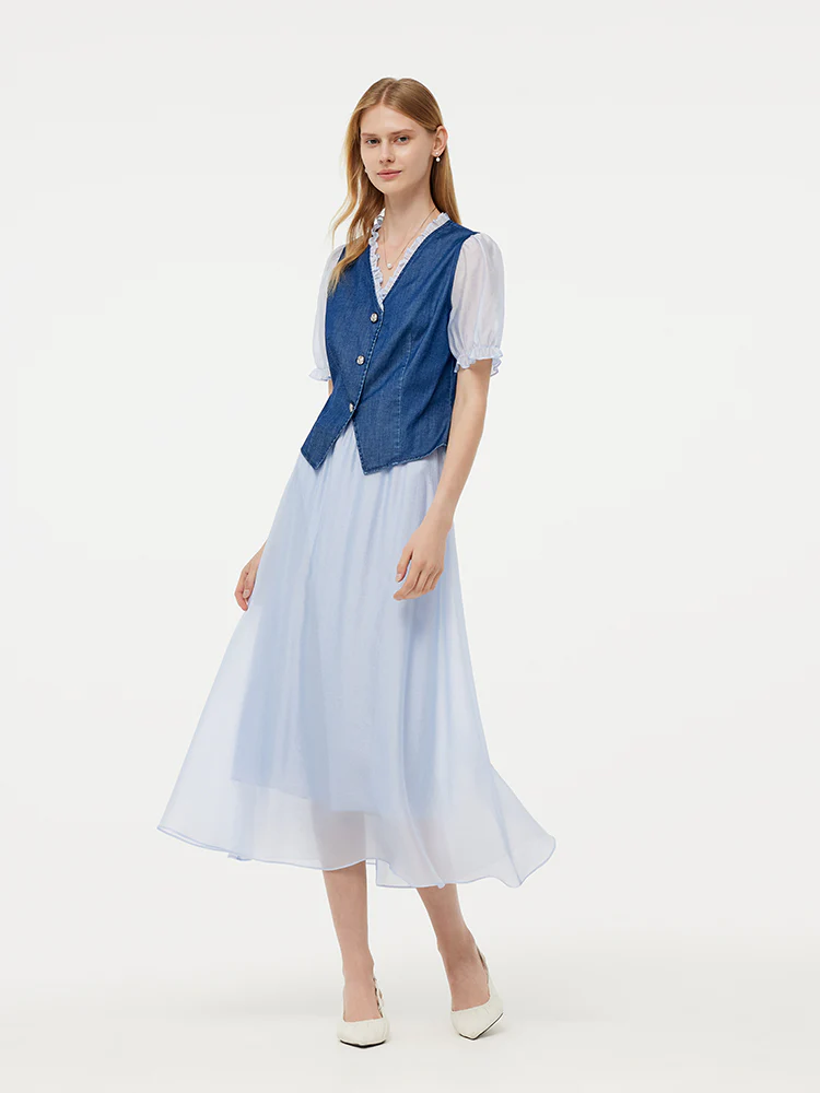 Denim Lyocell Patchwork Crop Jacket And Skirt Two-Piece Set - Image 2