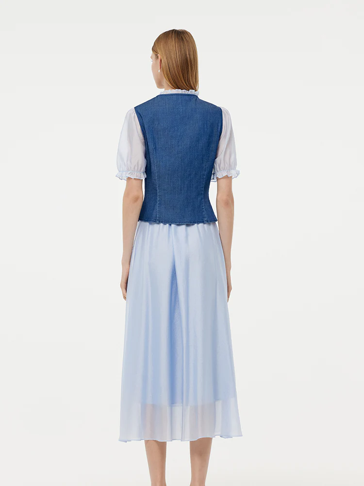 Denim Lyocell Patchwork Crop Jacket And Skirt Two-Piece Set - Image 3