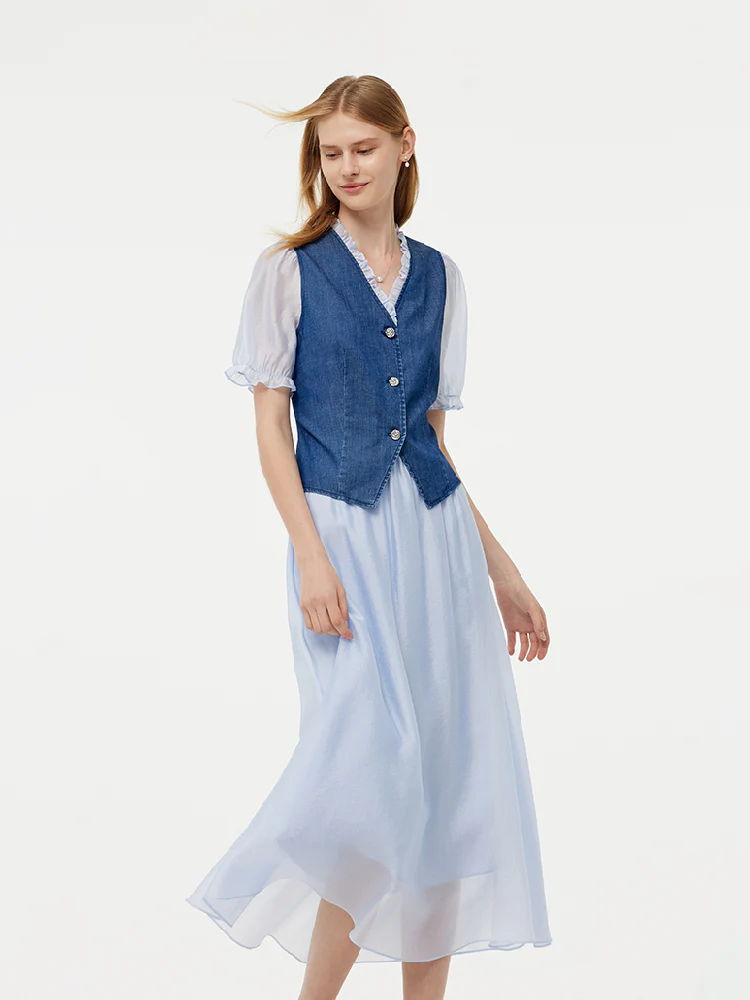 Denim Lyocell Patchwork Crop Jacket And Skirt Two-Piece Set - Image 5