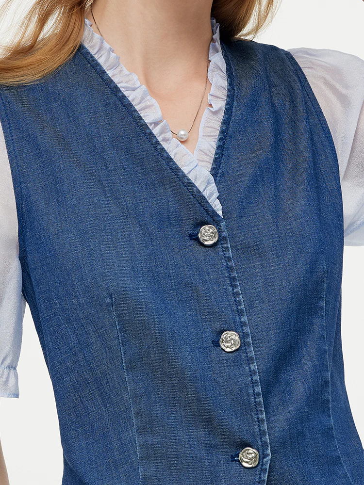 Denim Lyocell Patchwork Crop Jacket And Skirt Two-Piece Set - Image 6