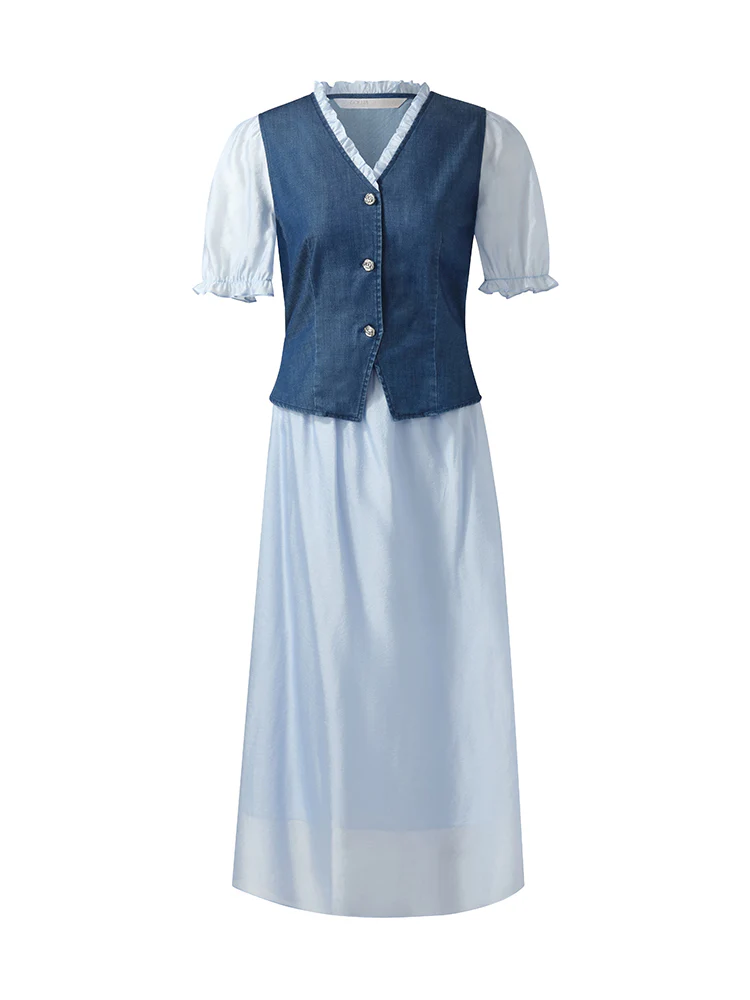 Denim Lyocell Patchwork Crop Jacket And Skirt Two-Piece Set - Image 7