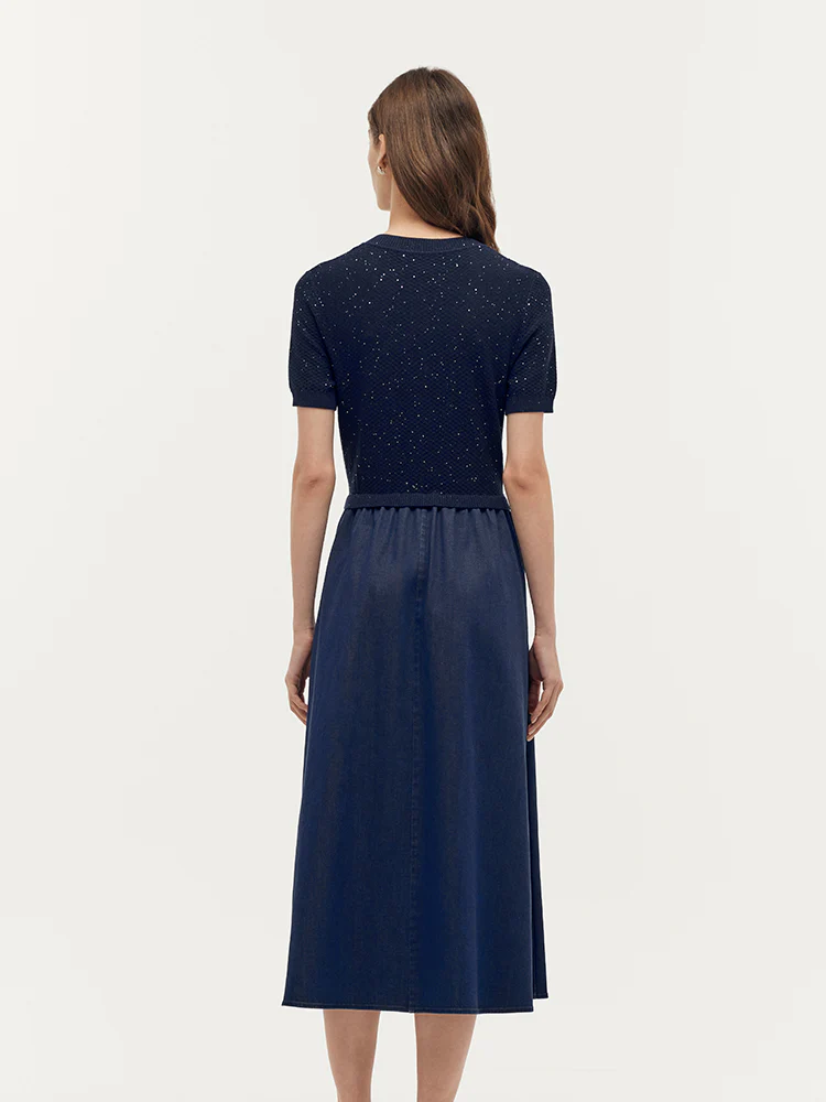 Denim Patchwork Sequins Gathered Waist Women Midi Dress - Image 4