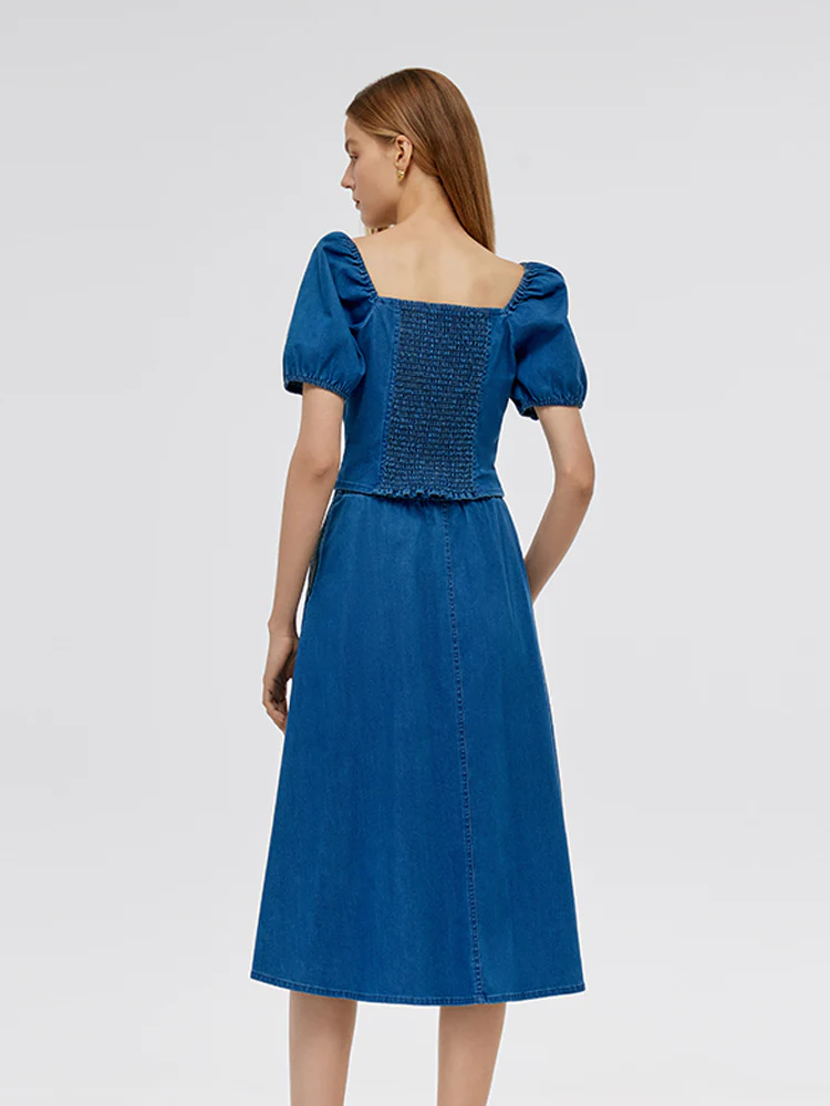 Denim Puff Sleeves Top And A-Line Skirt Two-Piece Set - Image 3