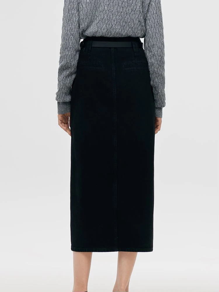 Denim Rhinestone Slit Women Skirt With Belt - Image 3