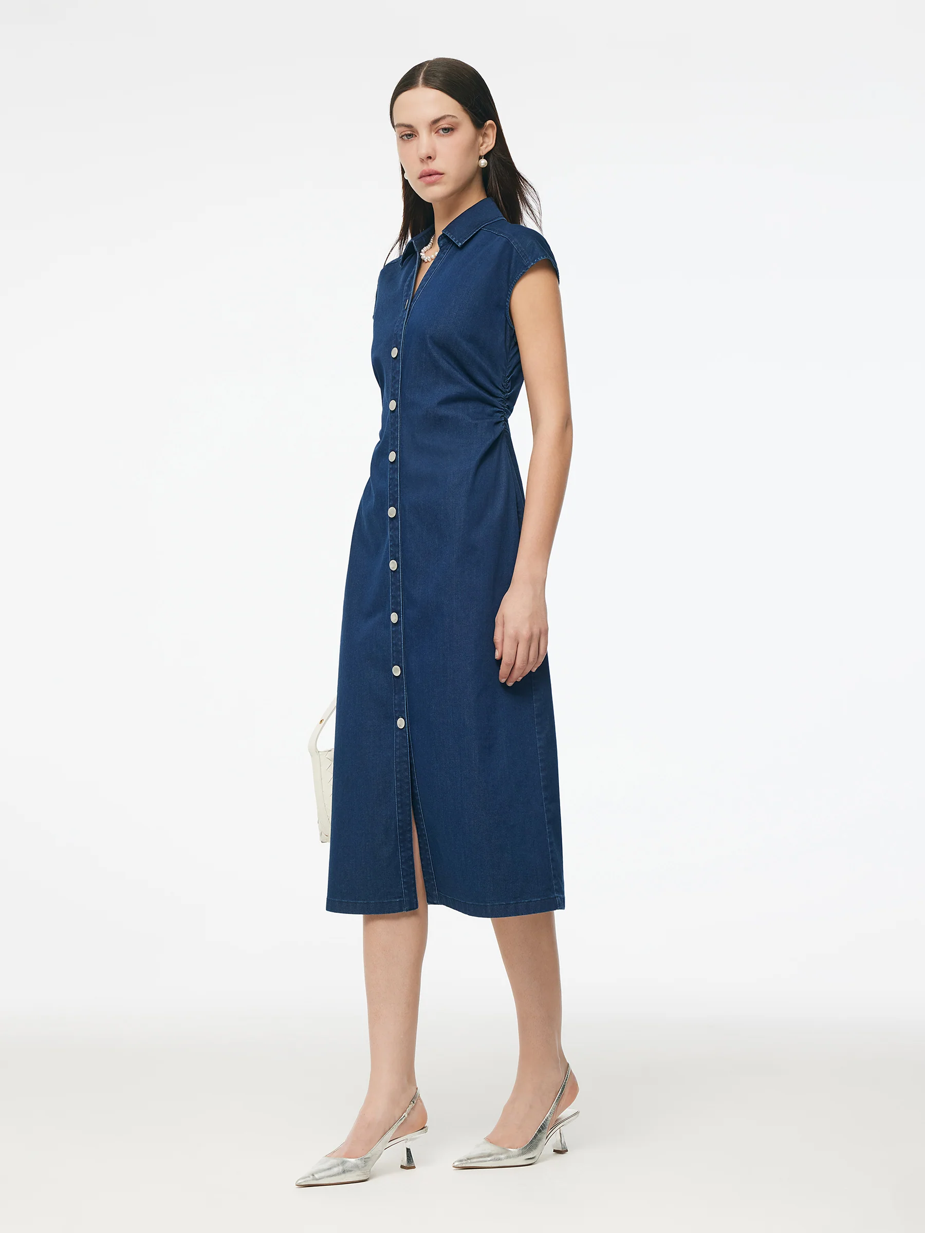 Denim Side Twist Women Cap Sleeve Stretchy Midi Dress - Image 4