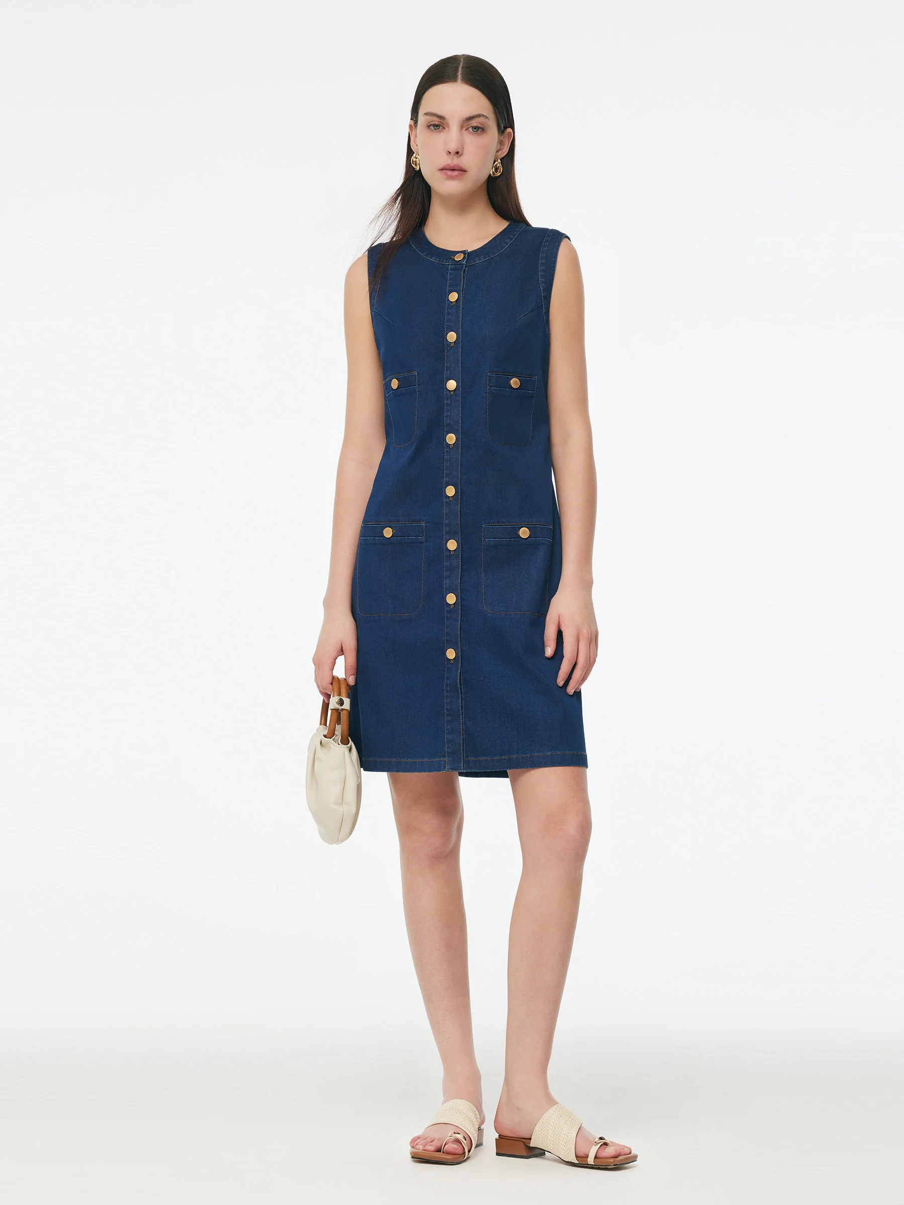 Denim Stretch Front Button Women Mini Dress - Image 2