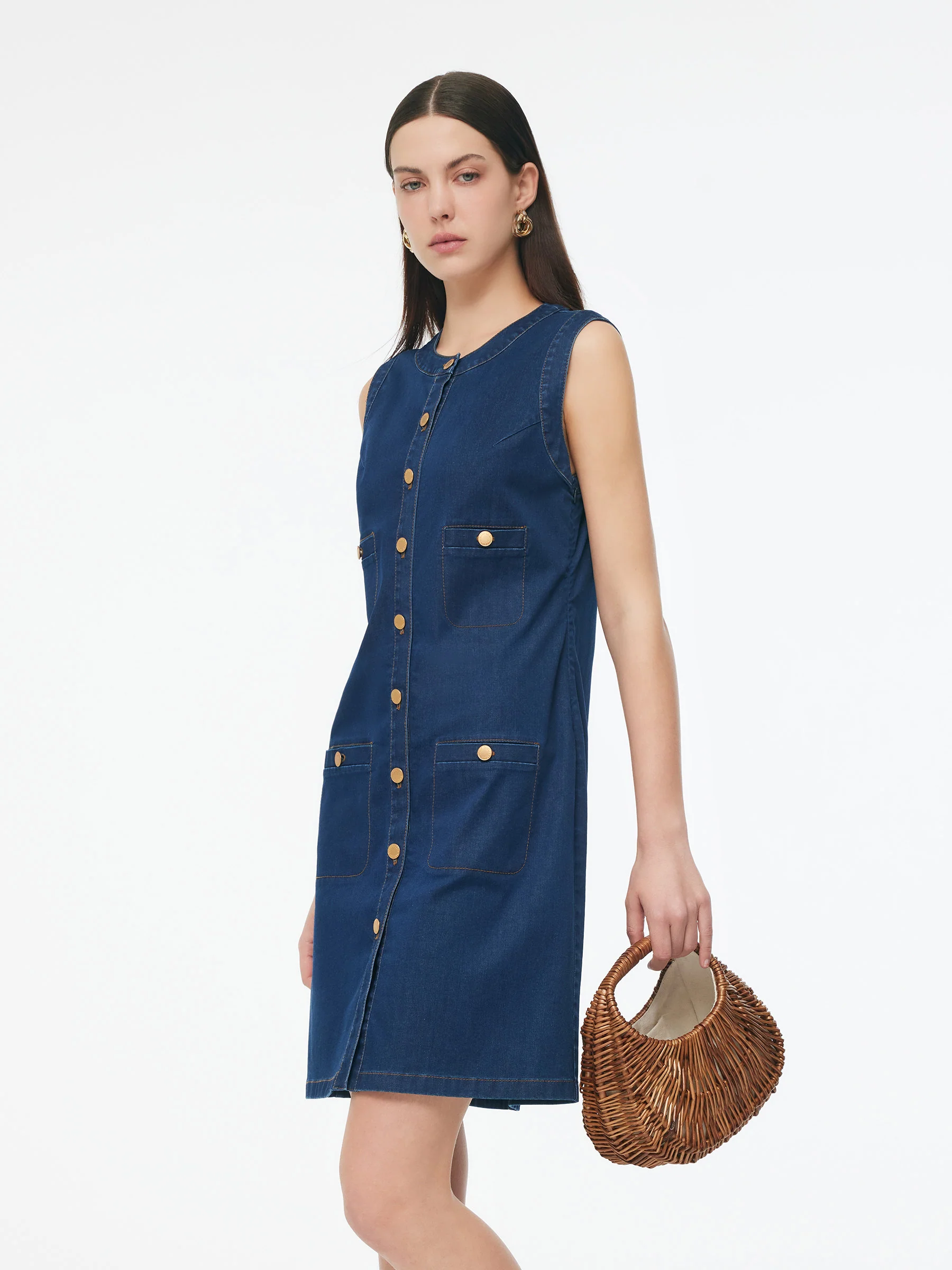 Denim Stretch Front Button Women Mini Dress - Image 4