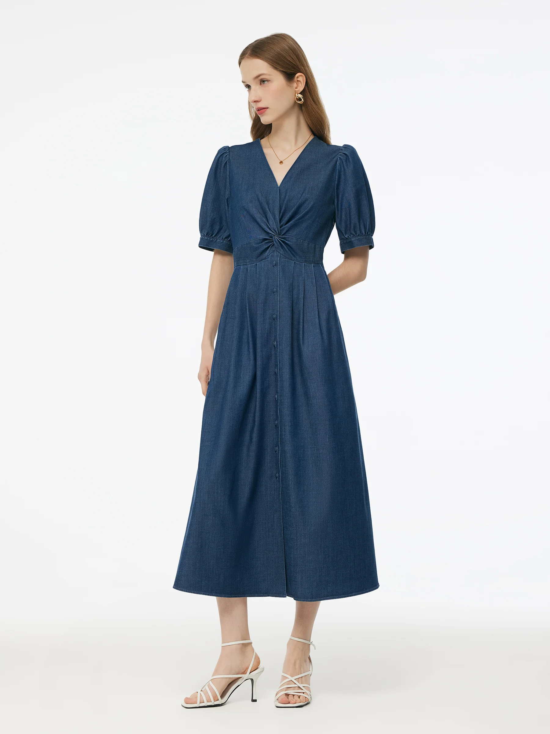 Denim Twist Front V-Neck Women Maxi Dress - Image 2