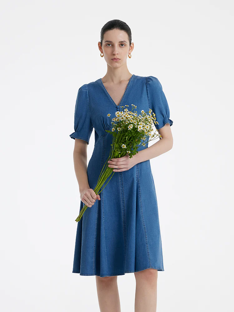 Denim V-Neck Gathered Waist Women Midi Dress - Image 4