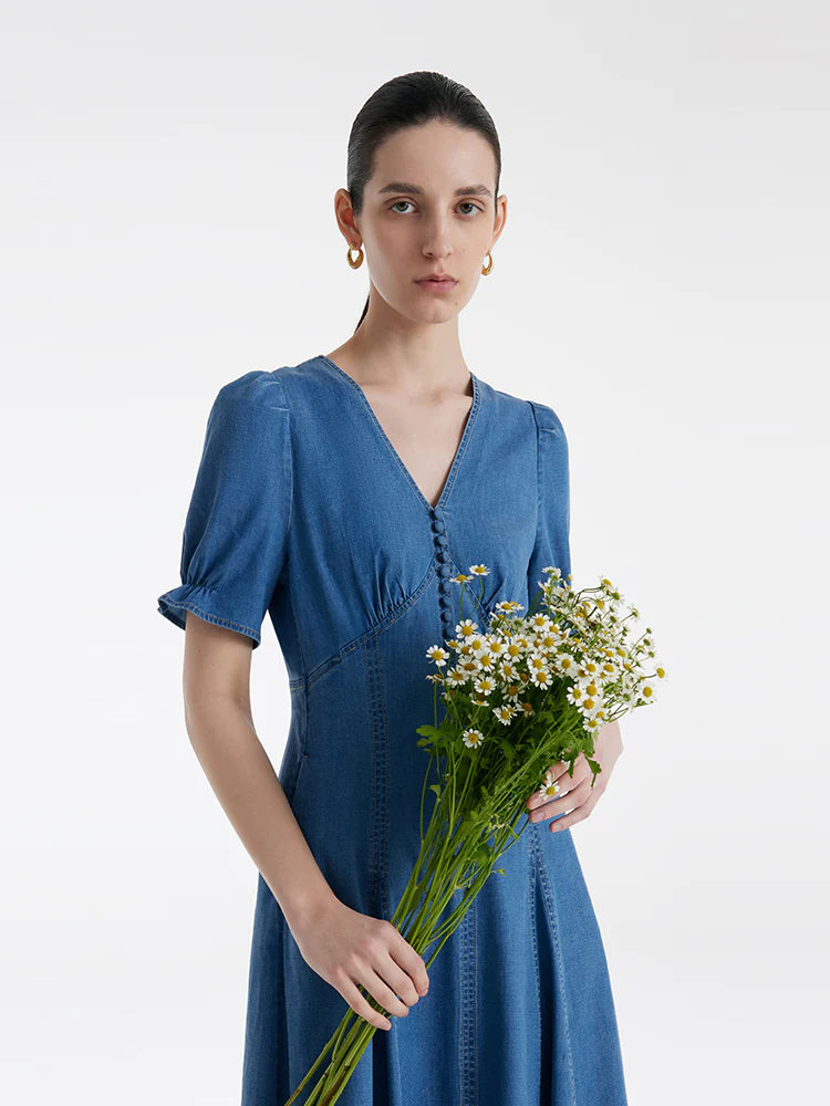 Denim V-Neck Gathered Waist Women Midi Dress - Image 6
