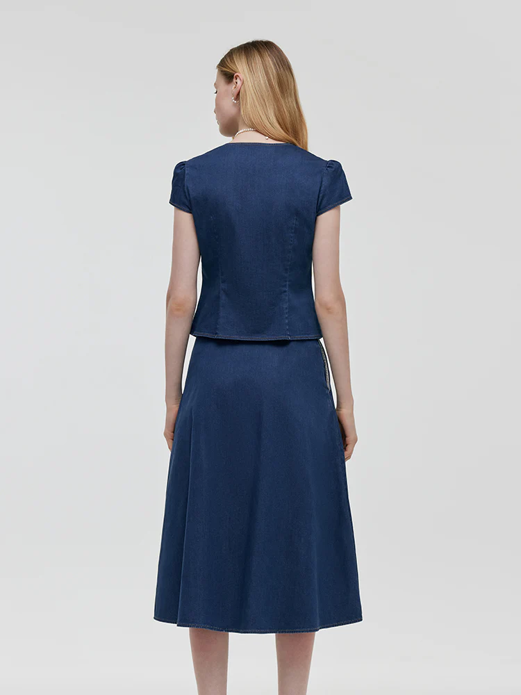 Denim V-Neck Top And Midi Skirt Two-Piece Set - Image 3