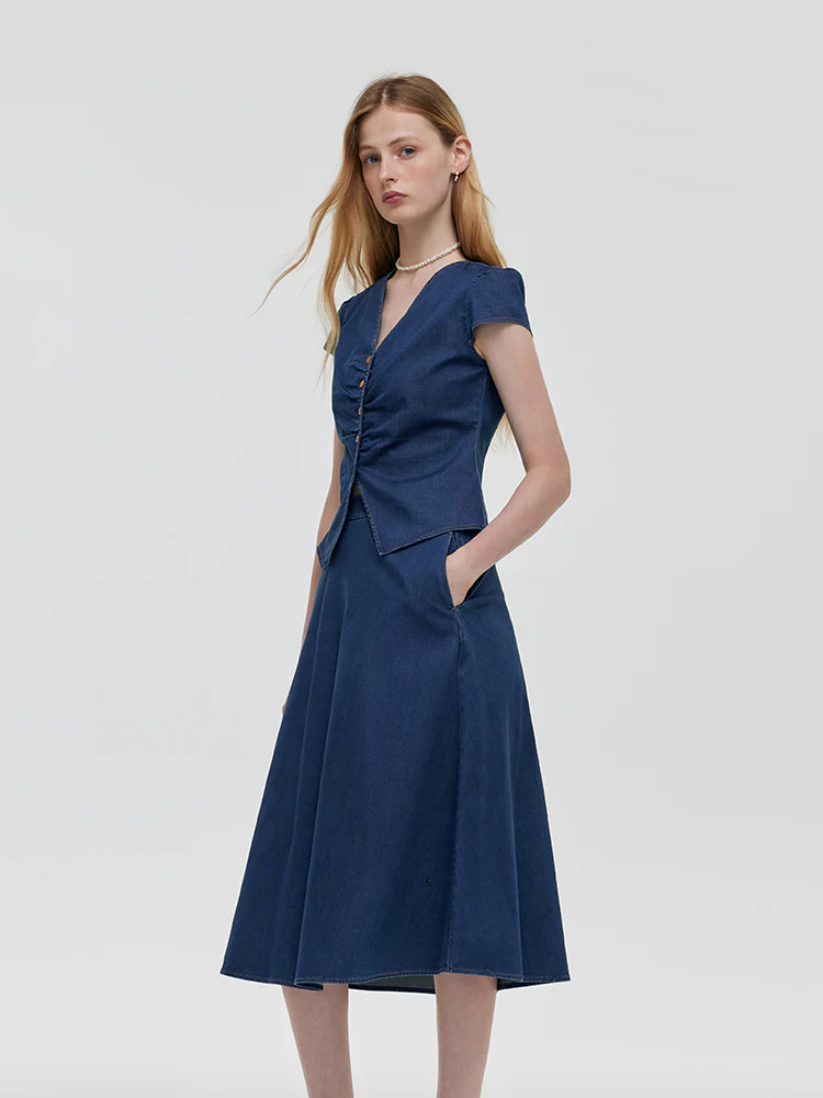 Denim V-Neck Top And Midi Skirt Two-Piece Set - Image 4