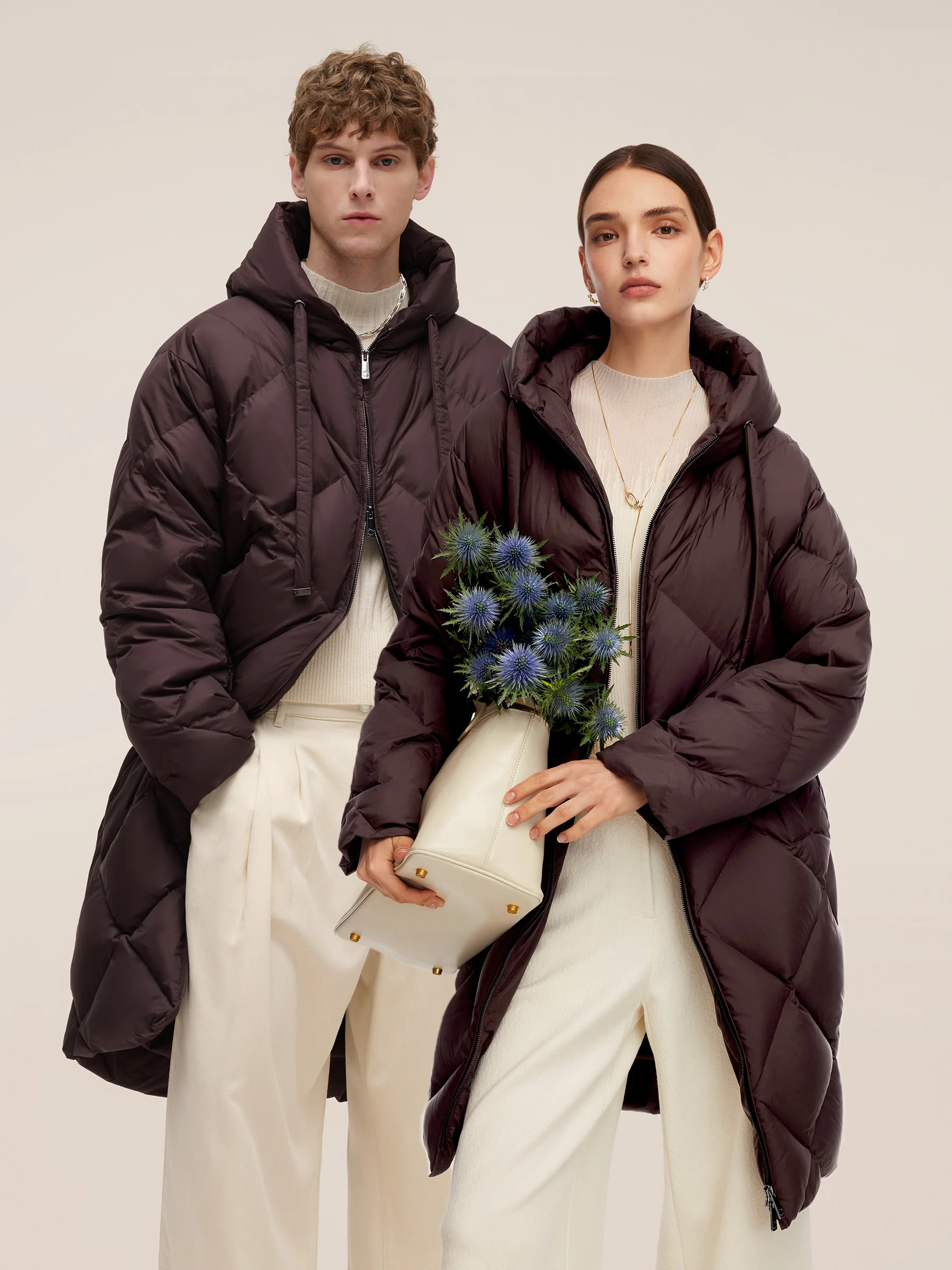 Diamond Quilted Hooded Unisex Long Goose Down Coat