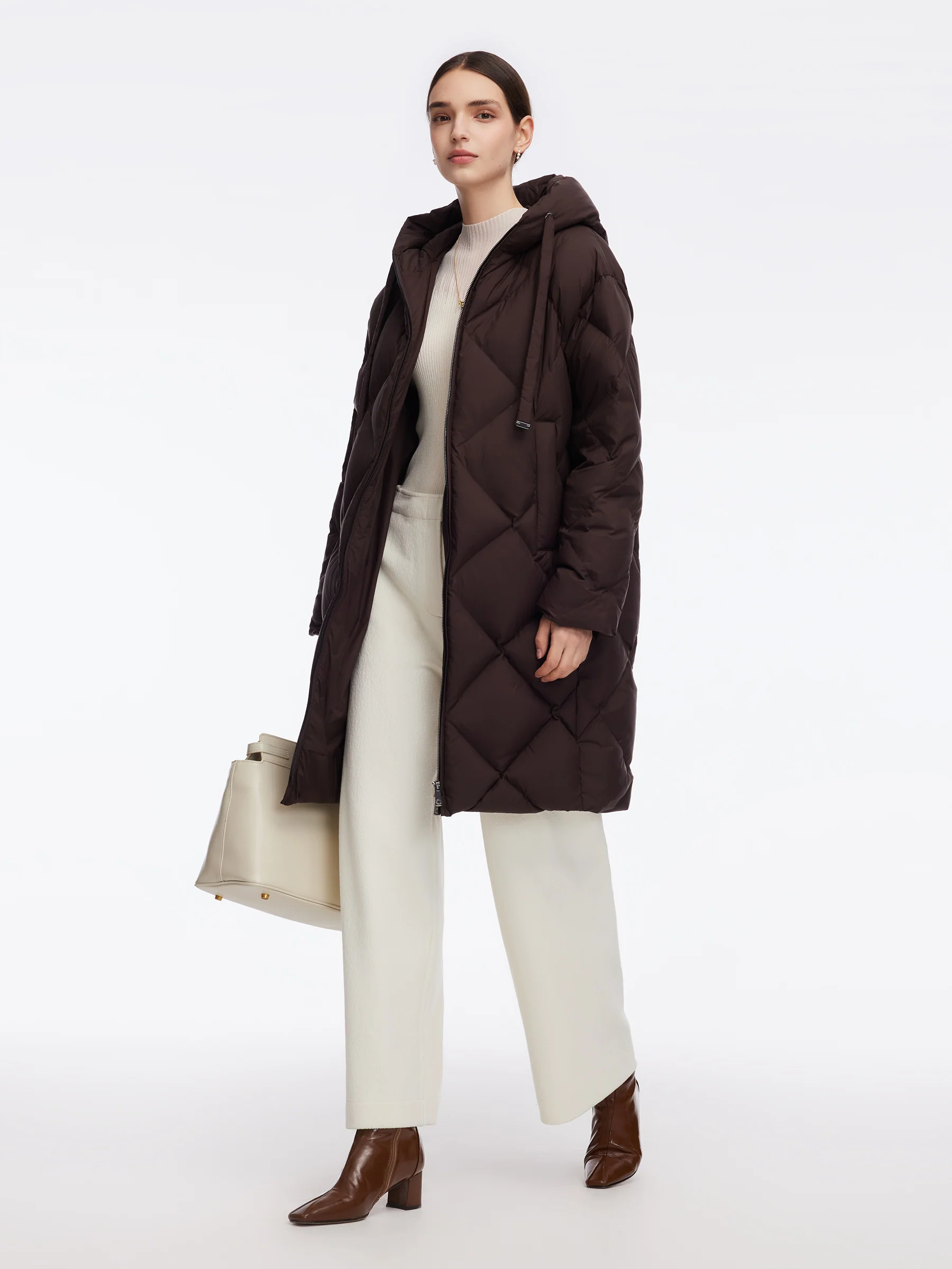 Diamond Quilted Hooded Unisex Long Goose Down Coat - Image 11