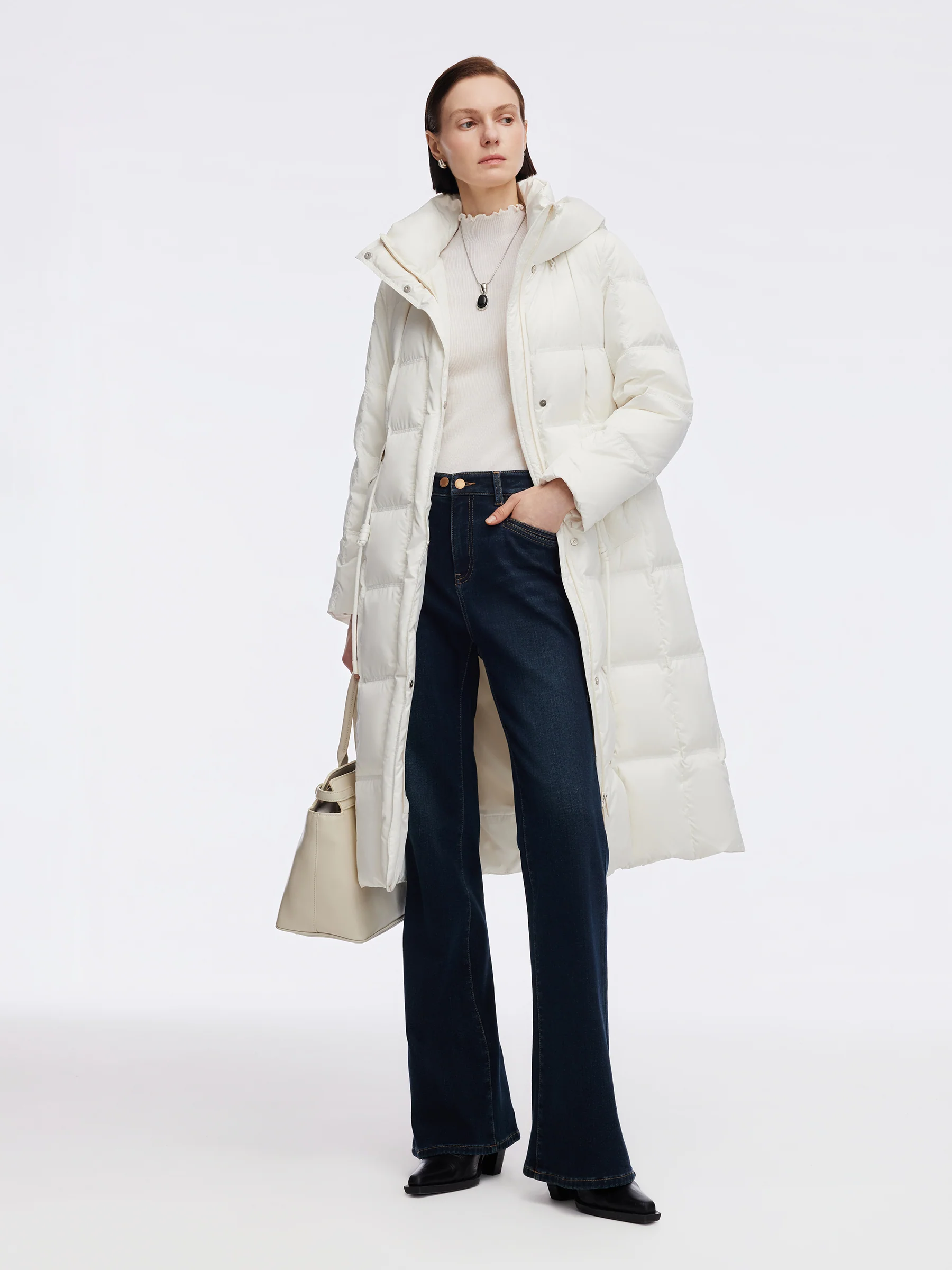 Drawstring Adjustable Waist Hooded Long Goose Down Coat - Image 2