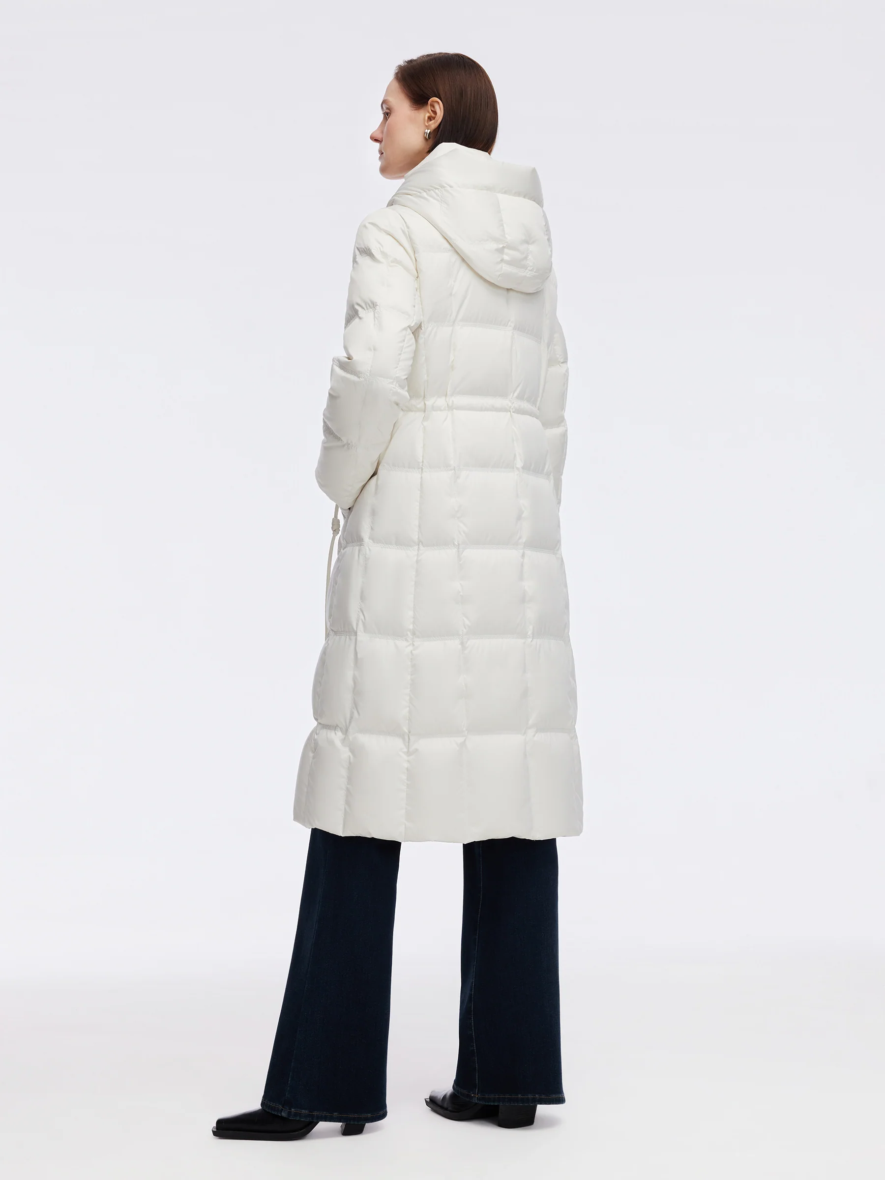 Drawstring Adjustable Waist Hooded Long Goose Down Coat - Image 3