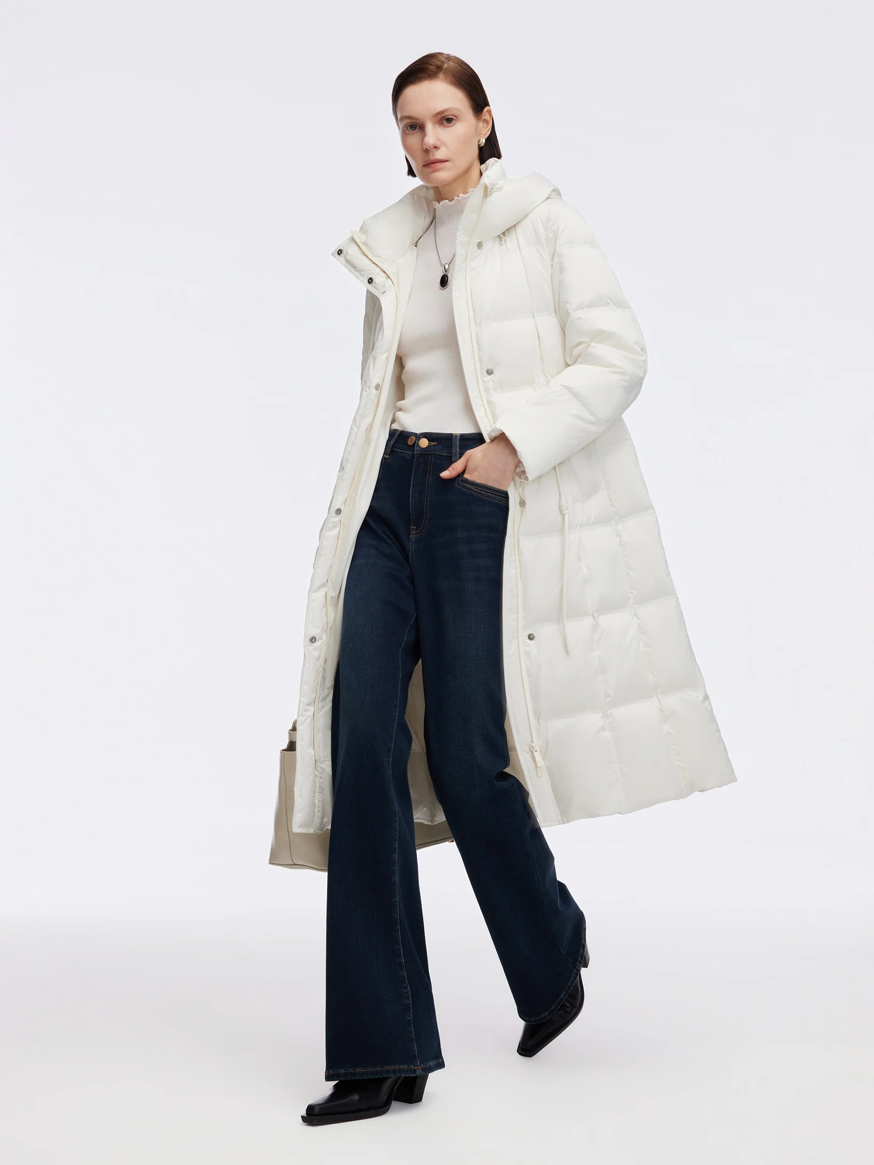 Drawstring Adjustable Waist Hooded Long Goose Down Coat - Image 4
