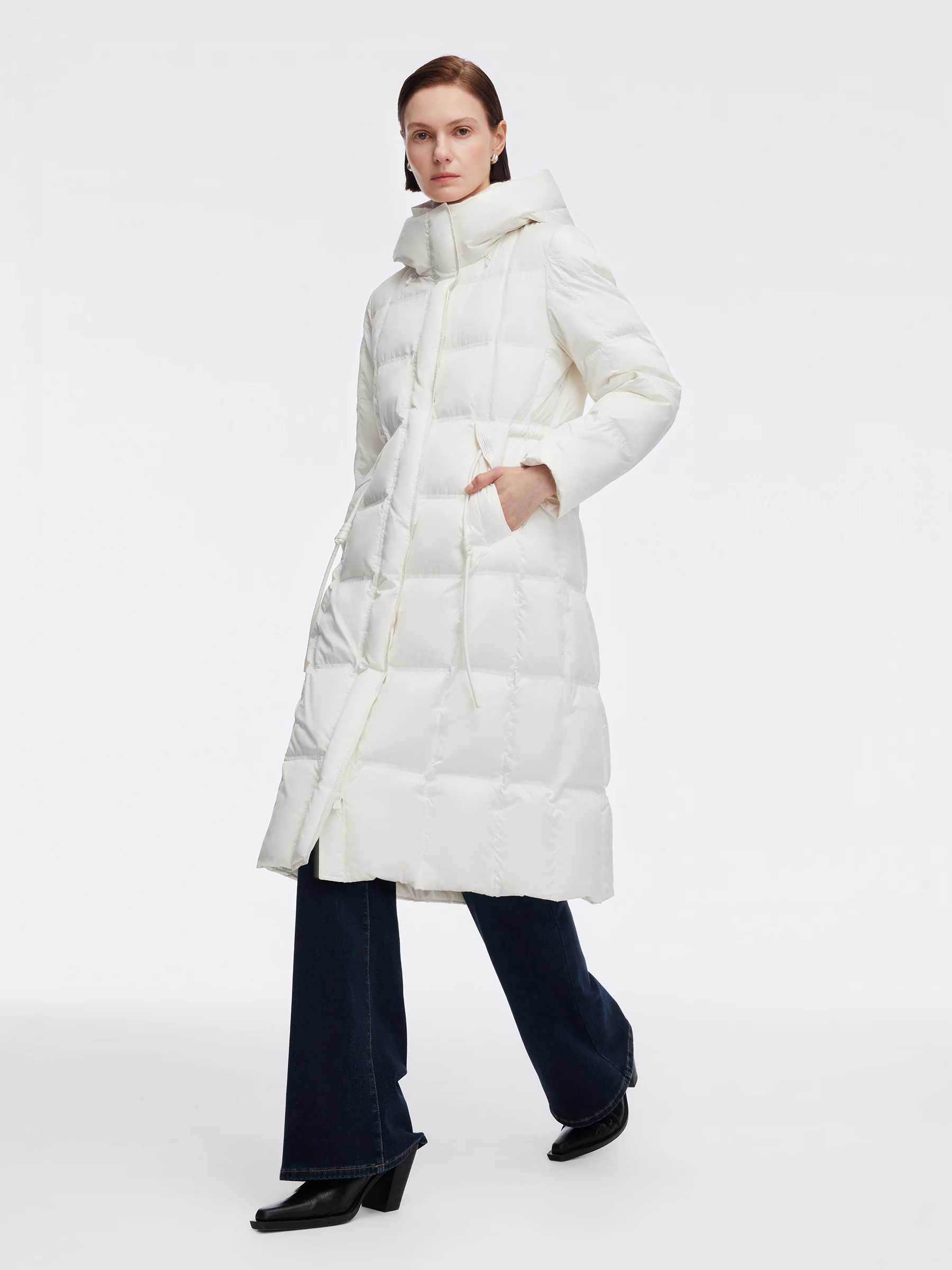 Drawstring Adjustable Waist Hooded Long Goose Down Coat - Image 5