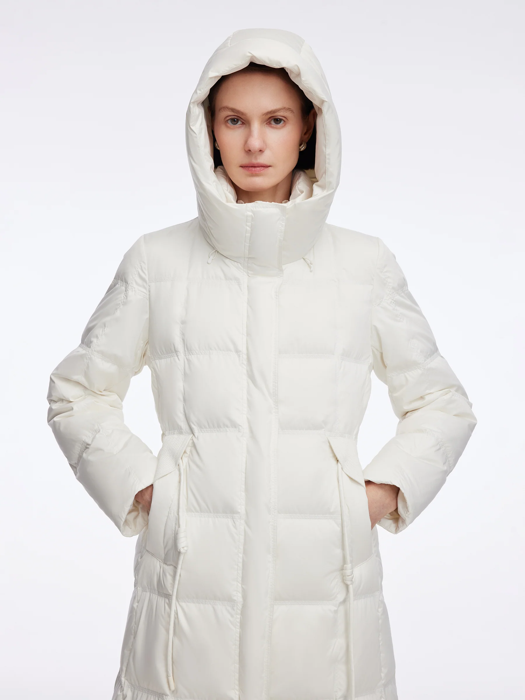 Drawstring Adjustable Waist Hooded Long Goose Down Coat - Image 6