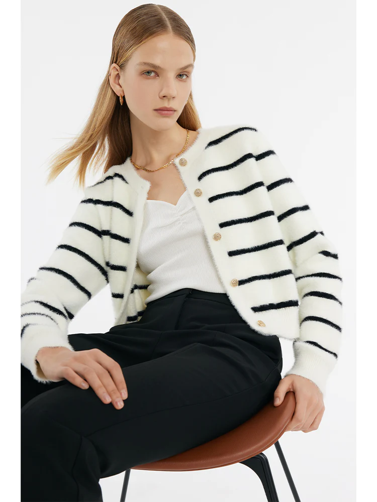 Eco-Friendly Mink Knitted Striped Women Cardigan - Image 6