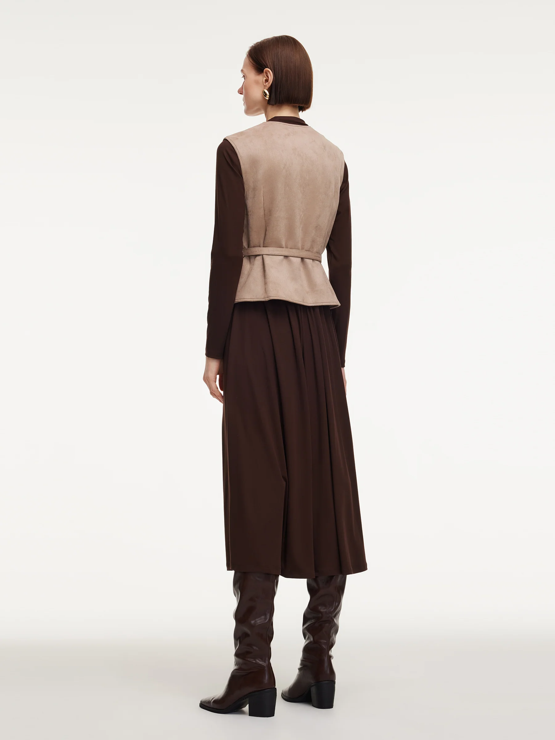 Faux Suede Vest And Knit Dress Two-Piece Set With Belt - Image 4