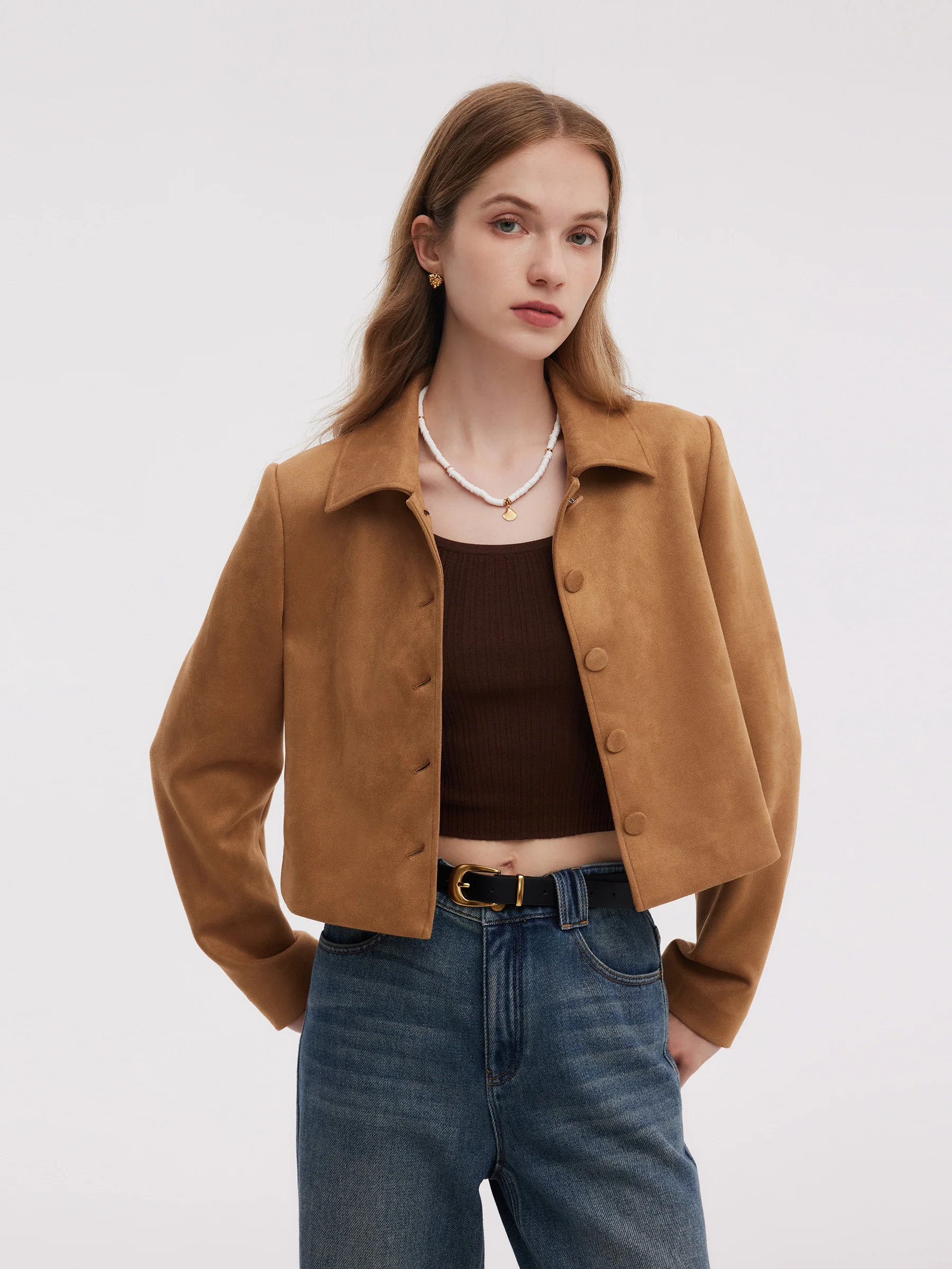 Faux Suede Women Single Breasted Crop Jacket