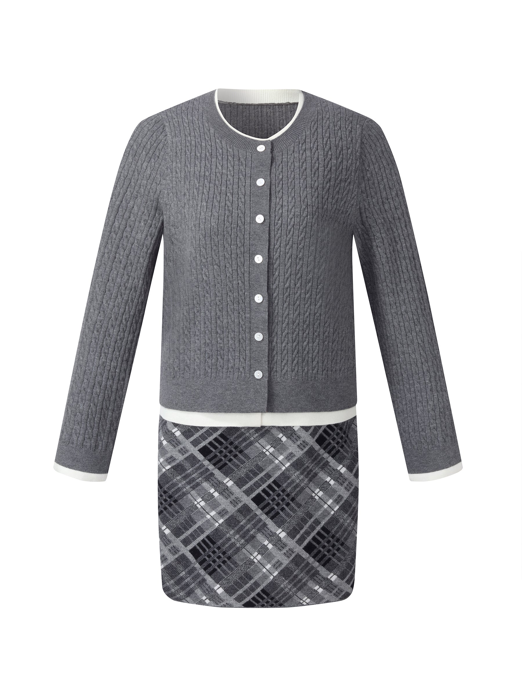 Faux-Layered Cardigan And Plaid Skirt Two-Piece Set - Image 7
