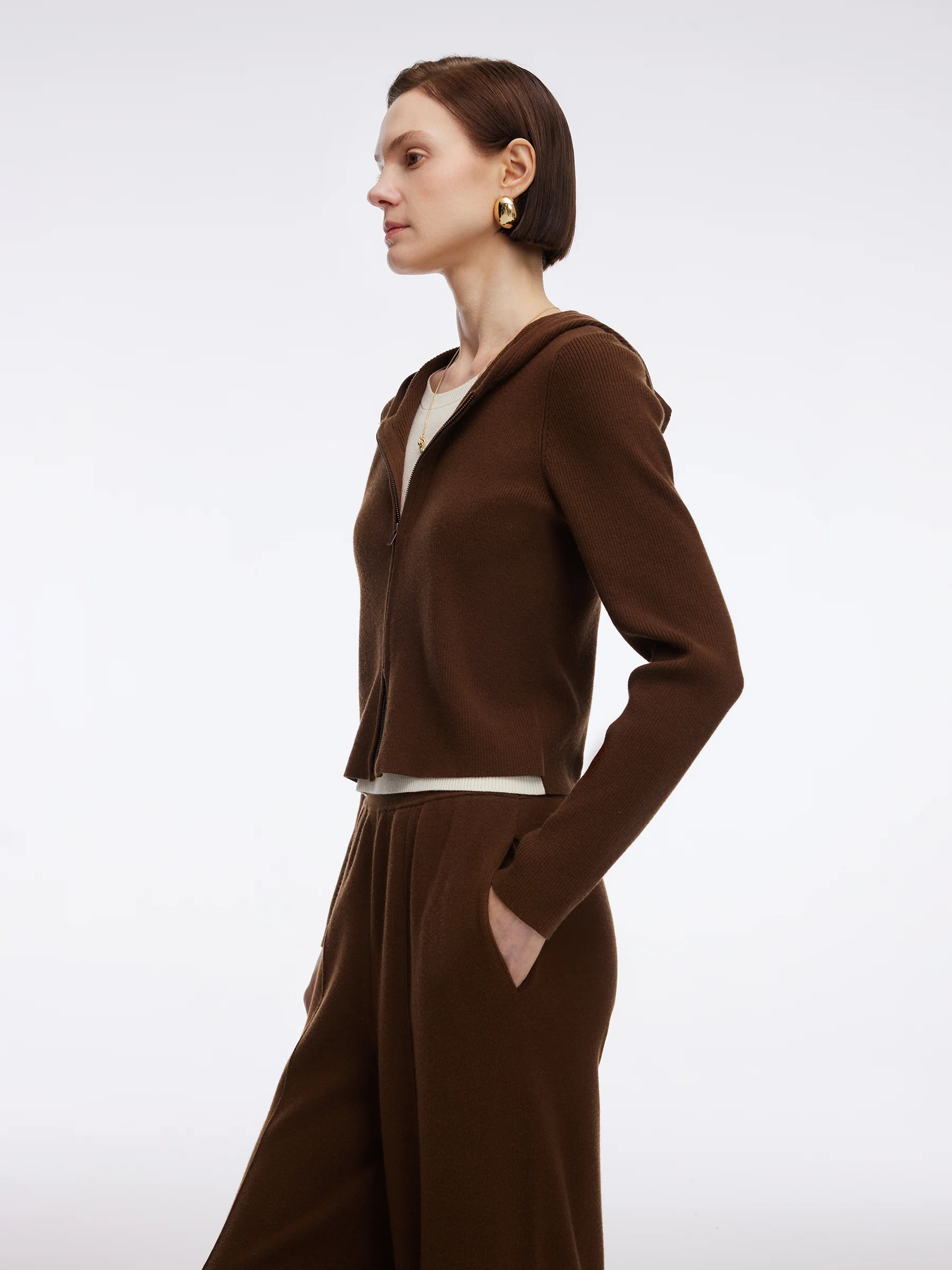 Tencel Wool Blend Faux-Layered Zip-Up Knit Top And Pants Two-Piece Set - Image 4