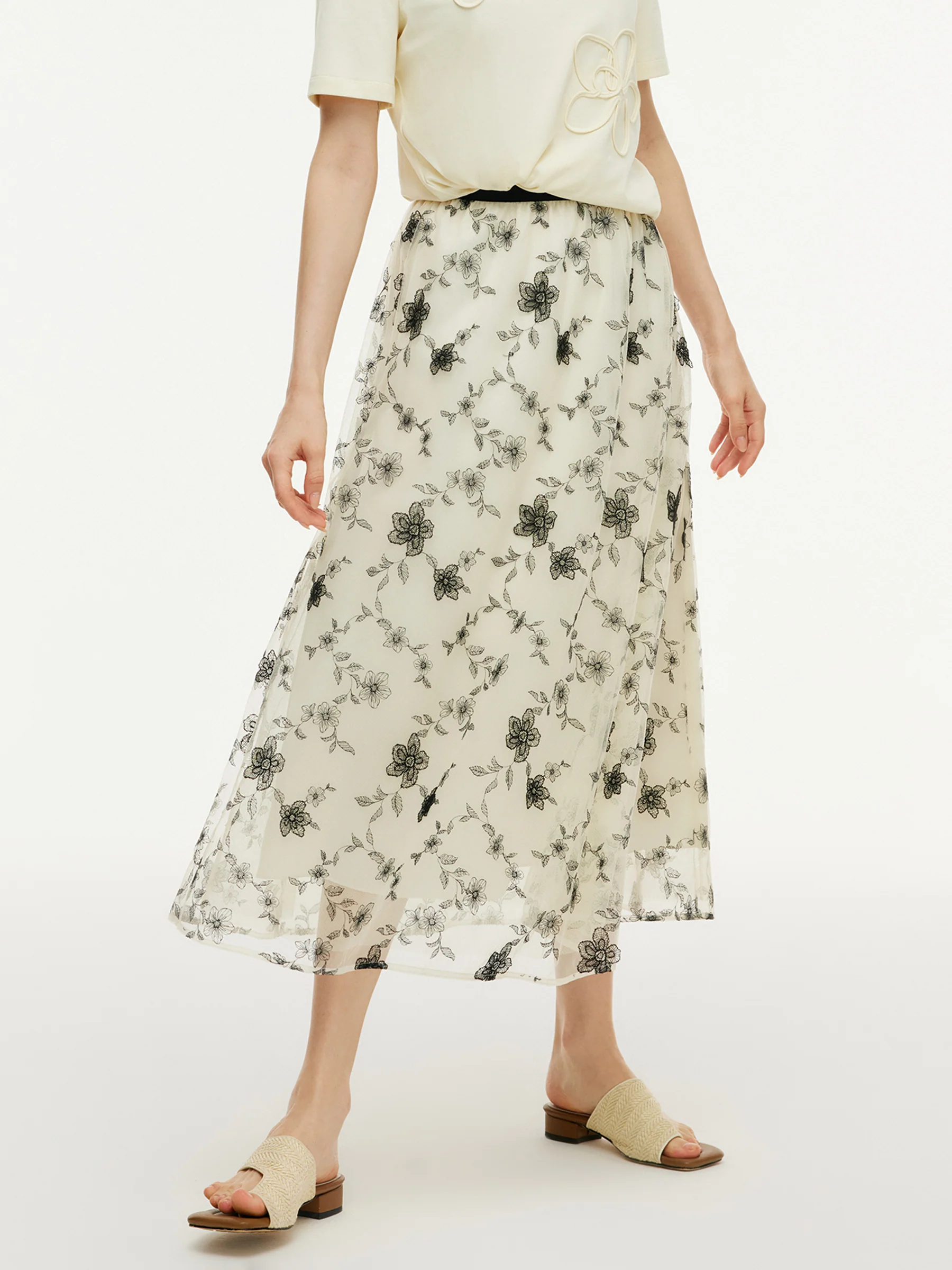 Floral Embroidered Women Elastic Waist Mesh Skirt - Image 5