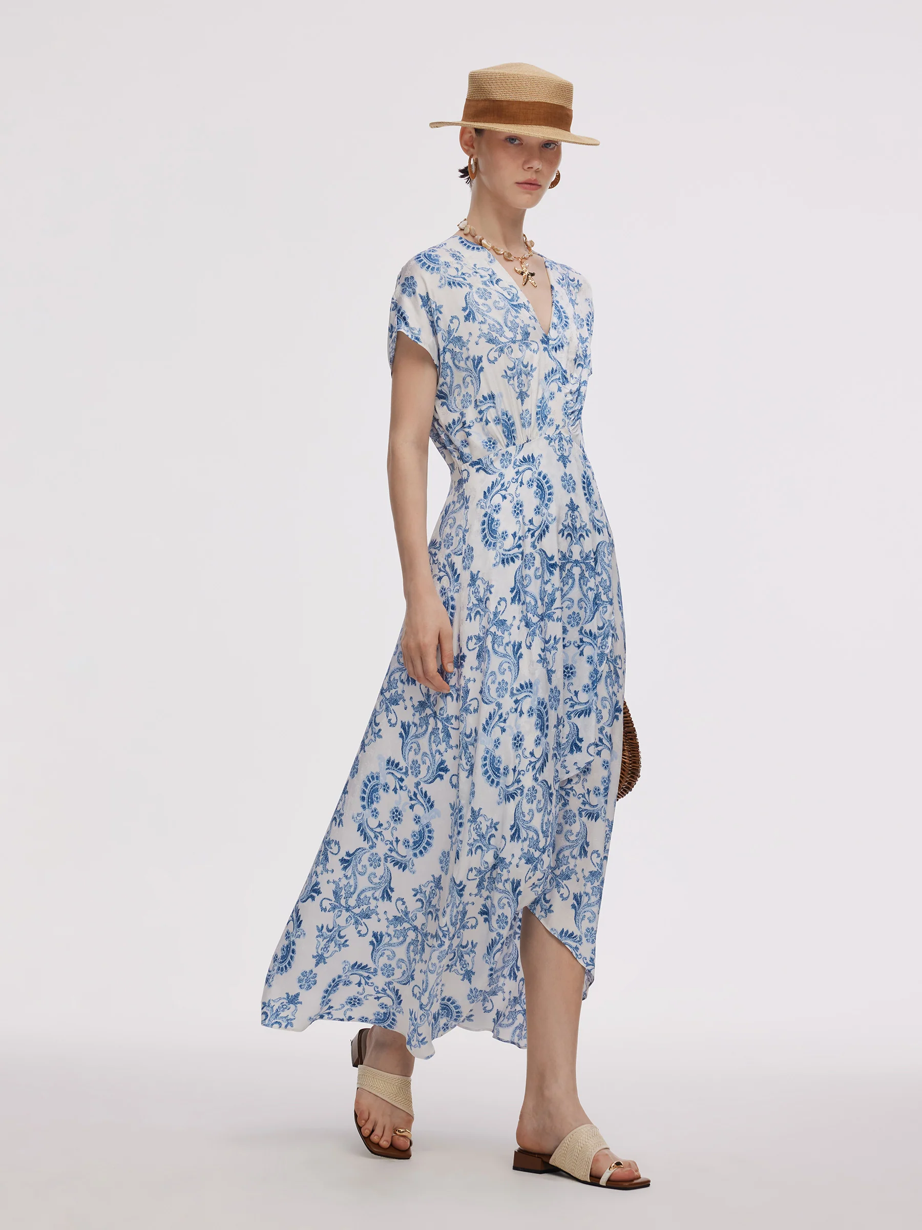 Floral Print Asymmetric Hem Women V-Neck Maxi Dress - Image 4